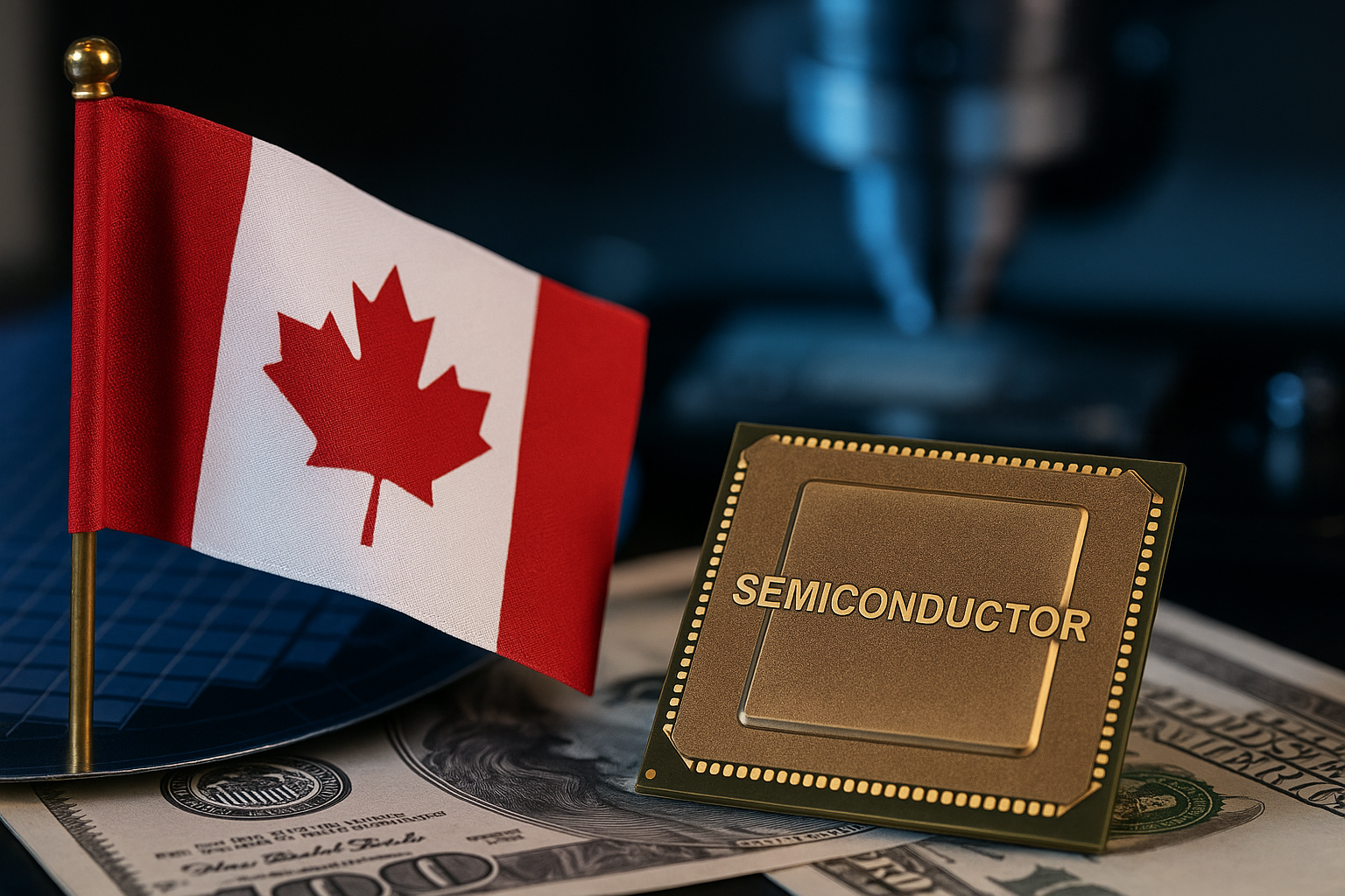 Canadian flag next to a semiconductor chip on a desk, with a blurred chip-factory background.