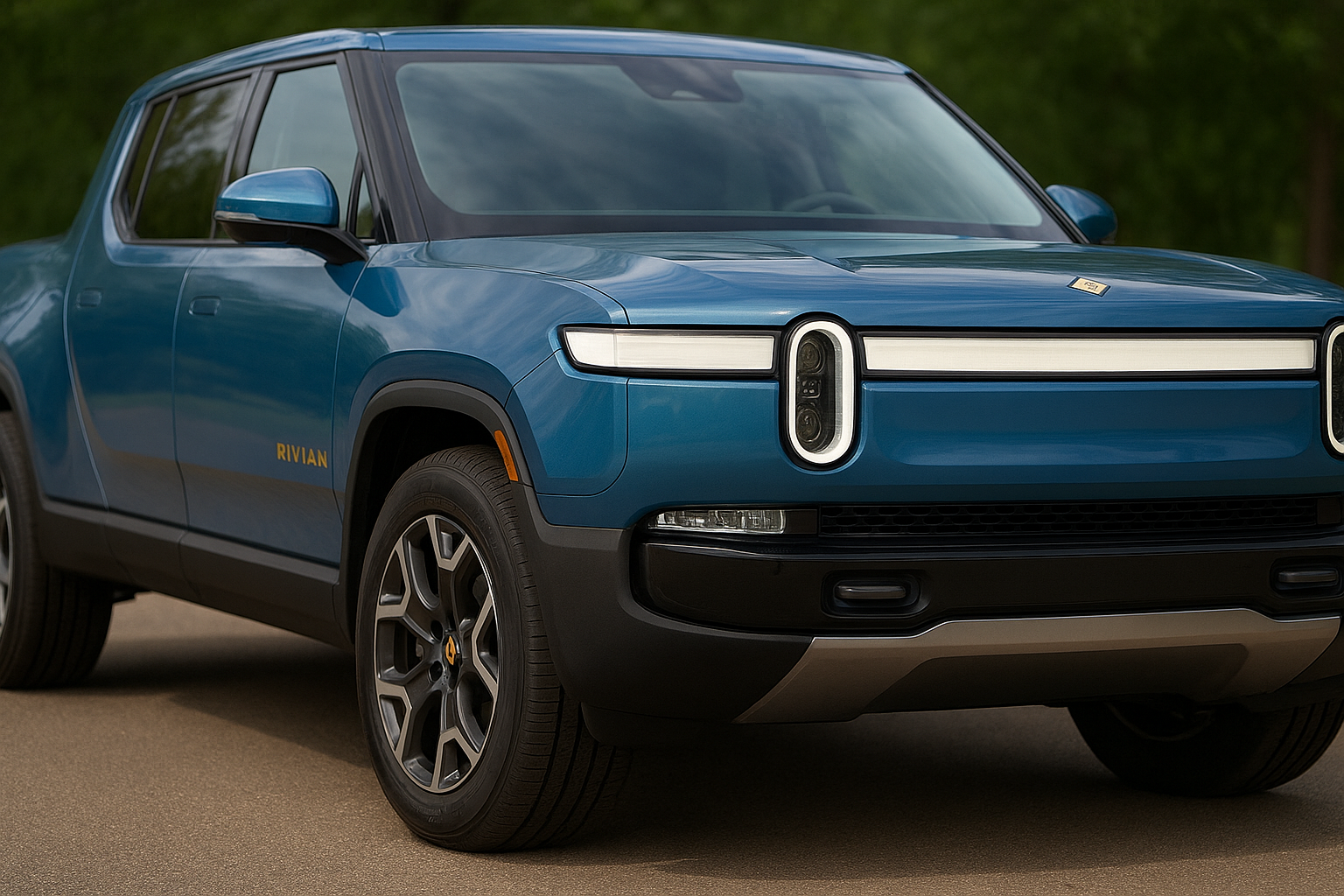 A blue Rivian electric pickup truck photographed from the front-side angle on a road with a blurred green forest background, highlighting its modern LED lighting and sleek design.