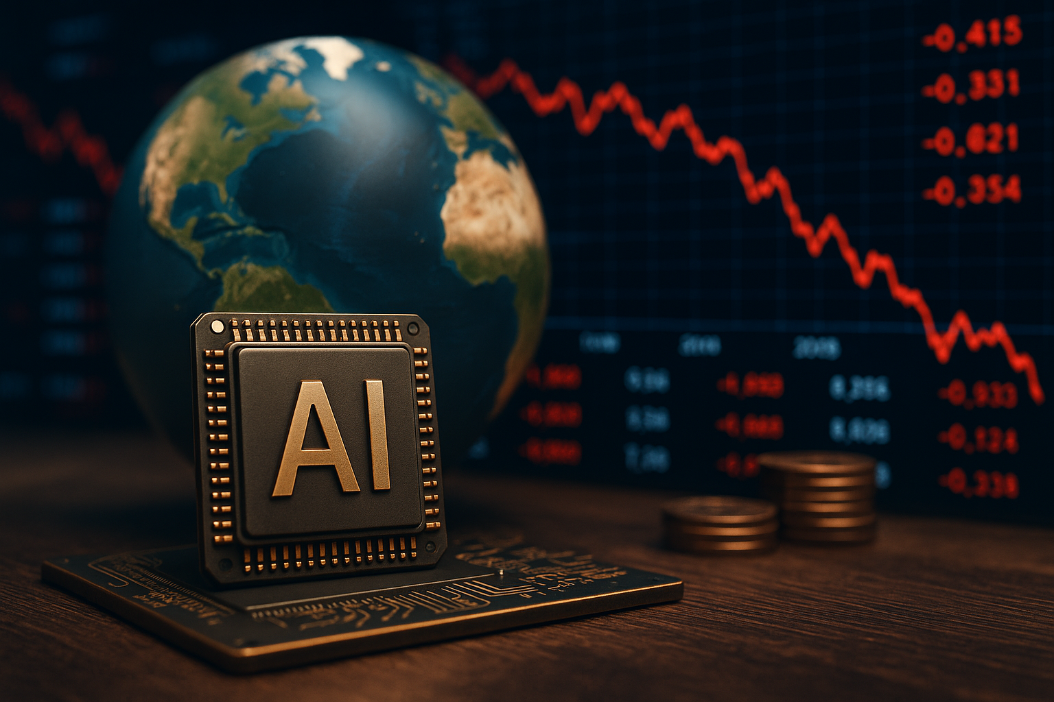 Close-up of an AI microchip in the foreground with a globe and a red downward-trending stock chart in the background, suggesting a global AI-driven market sell-off.