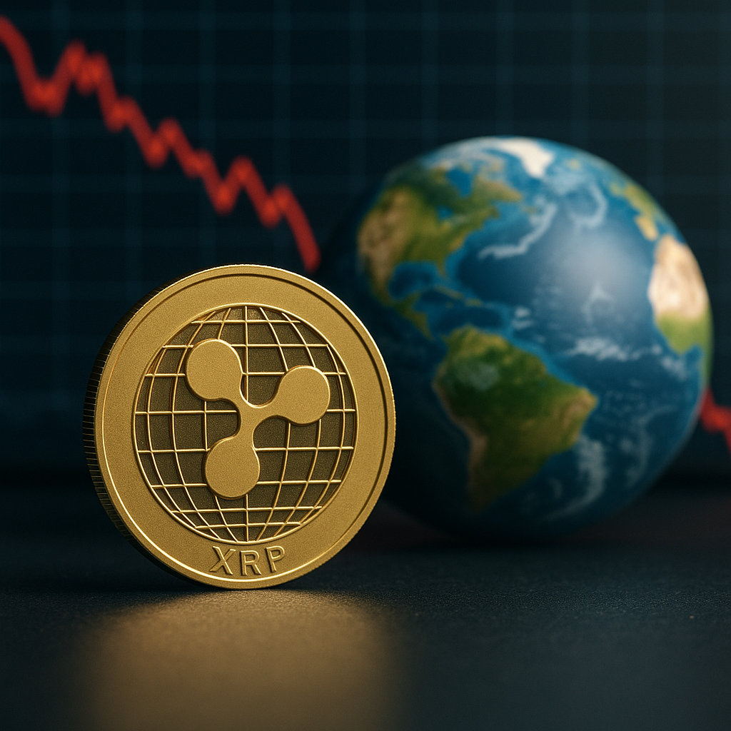 A gold coin with the XRP symbol in sharp focus in front of a blurred globe and a red downward-trending market line, representing shifting crypto sentiment.
