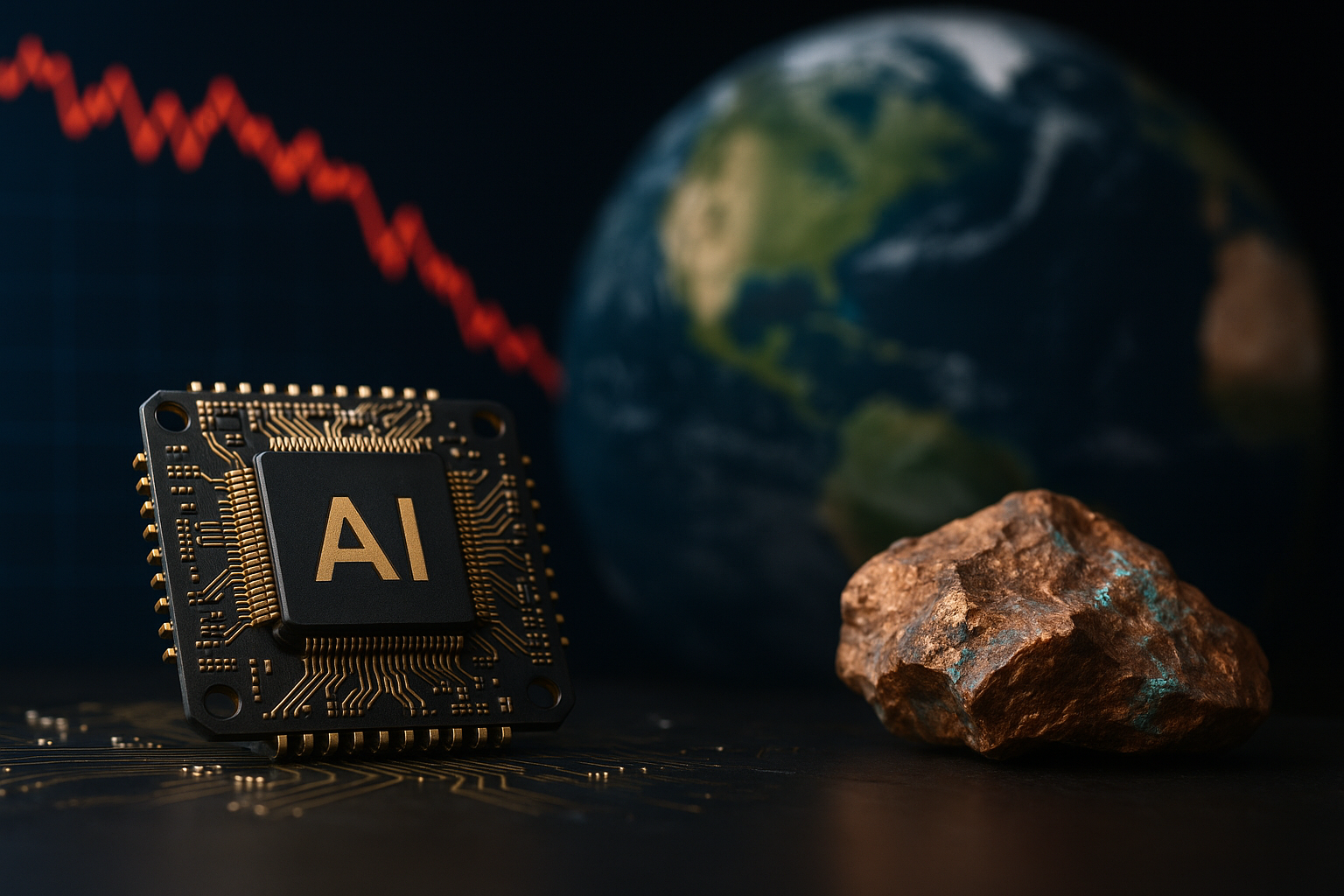 An AI microchip beside a chunk of copper ore with a blurred globe and a red downward-trending market line in the background, symbolizing a broad market rotation.