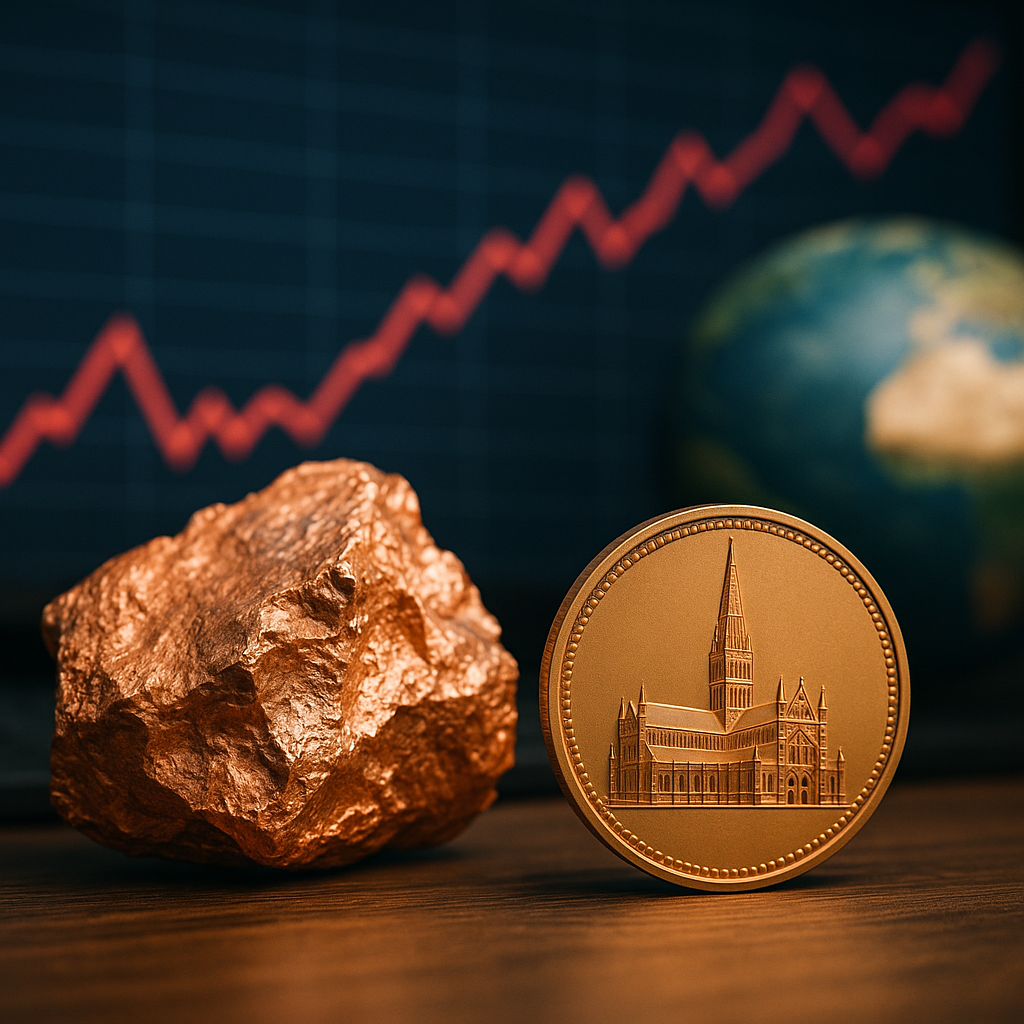 A raw copper rock and a metallic coin in the foreground with a blurred globe and an upward-trending red market line in the background, suggesting strengthening metals markets.