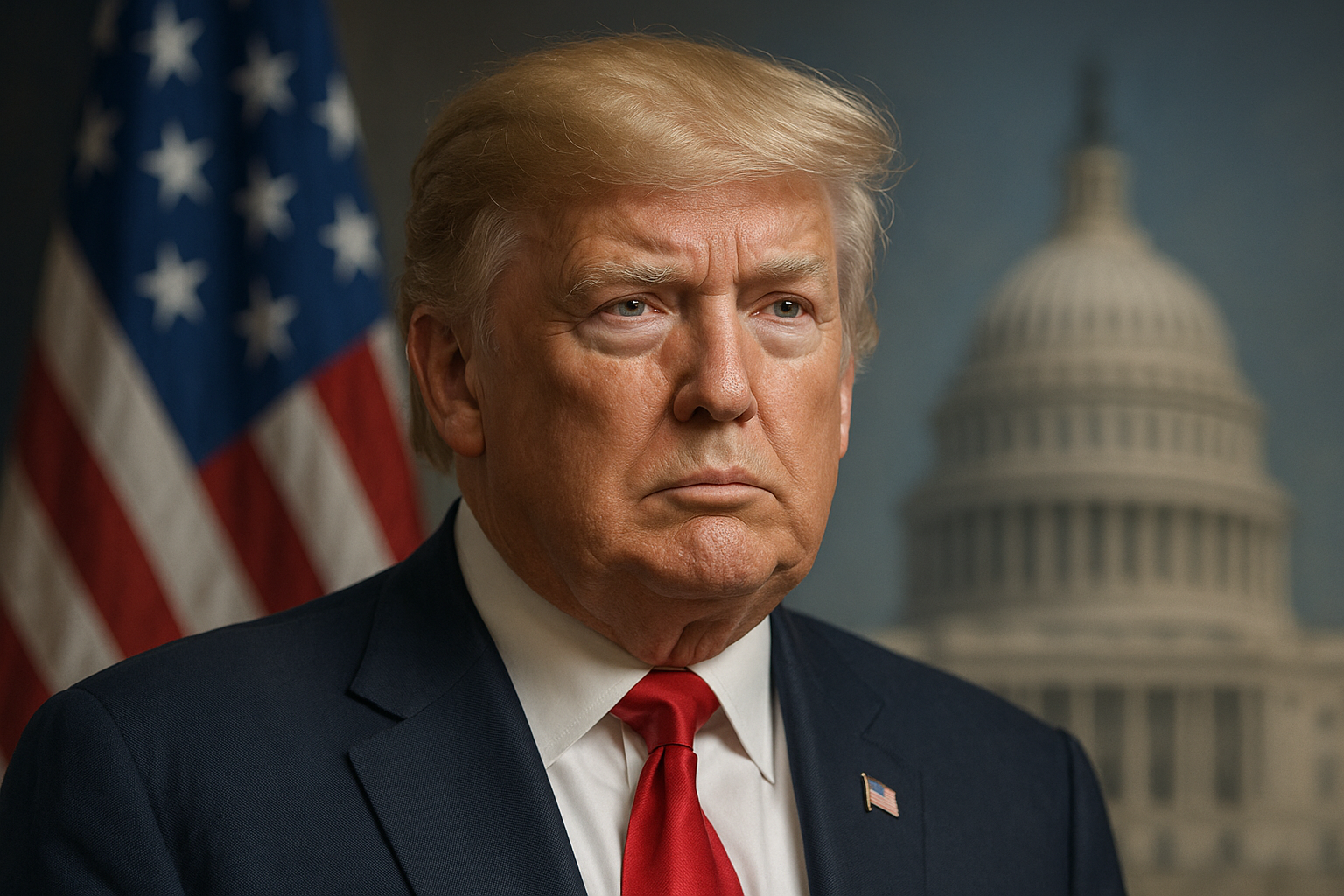 A close-up of Donald Trump with a serious expression, with a blurred U.S. flag and the Capitol dome in the background.