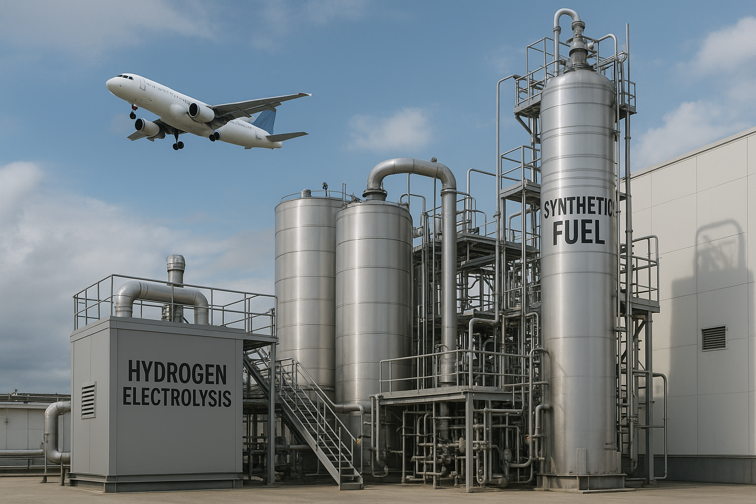 Industrial facility illustrating synthetic aviation fuel production using hydrogen and carbon processes.