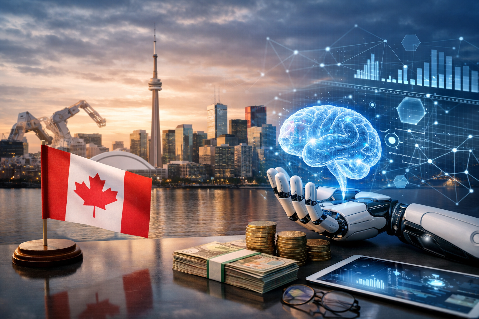 Photorealistic scene showing Toronto’s skyline with a Canadian flag, a robotic hand holding a glowing AI brain hologram, and stacks of currency symbolizing investment in artificial intelligence.