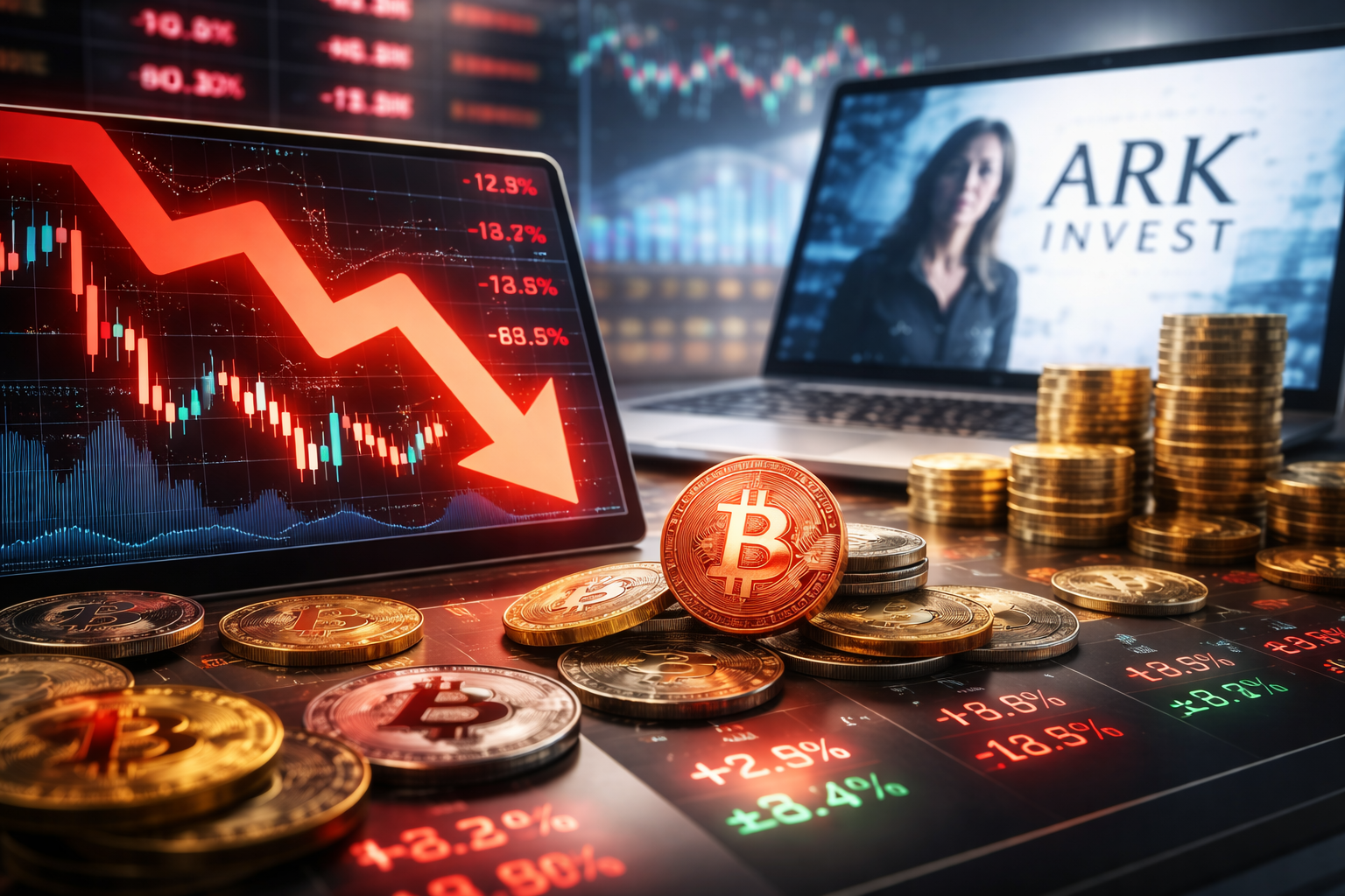 Photorealistic financial scene showing falling cryptocurrency charts on a tablet, physical Bitcoin and Ethereum coins on a desk, and a laptop in the background symbolizing institutional crypto investing amid market volatility.