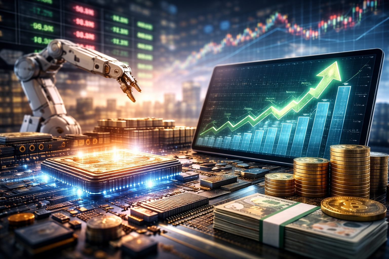Photorealistic image showing a glowing semiconductor chip on a circuit board, rising financial charts on a digital screen, stacks of coins, and a robotic arm symbolizing innovation-led growth in equity markets.