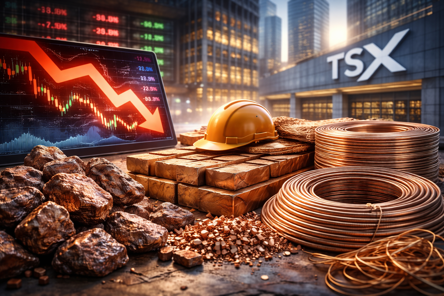 Photorealistic image of copper coils, raw ore, and metal bars in the foreground with a construction hard hat, set against the Toronto financial district and a declining market chart, symbolizing pressure on the TSX.