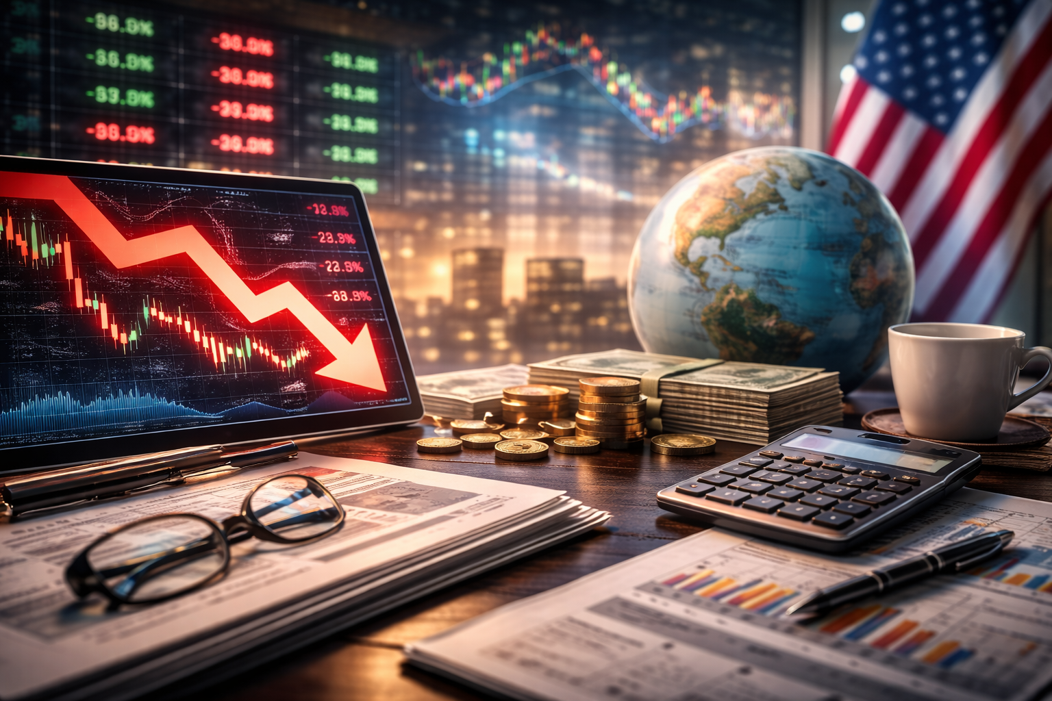 Photorealistic financial desk scene with a tablet displaying a downward market trend, global market screens in the background, U.S. currency, a globe, and trading tools symbolizing investor caution ahead of economic data.