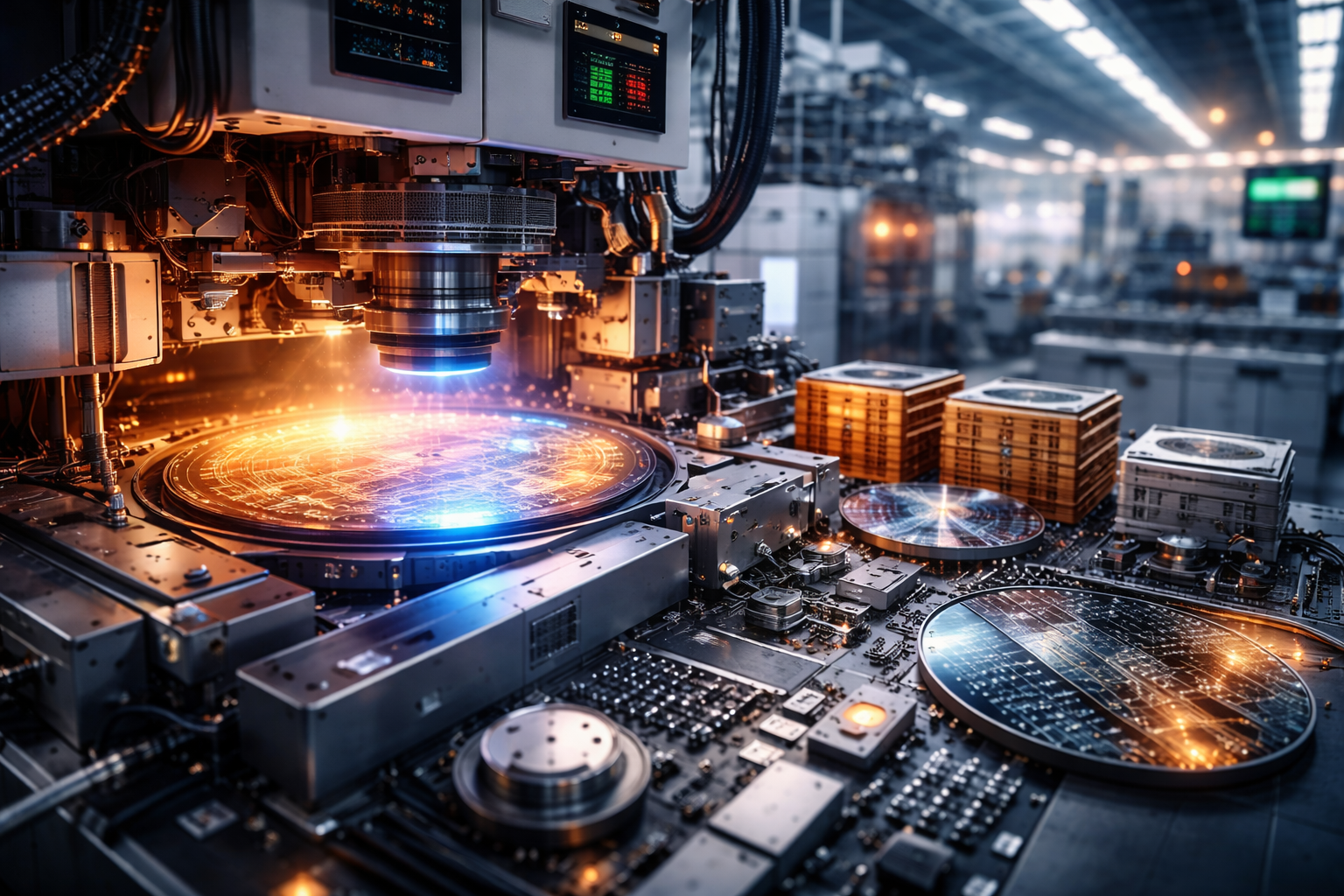 Photorealistic image of an advanced semiconductor fabrication facility with a photolithography machine processing a glowing silicon wafer, surrounded by precision manufacturing equipment.