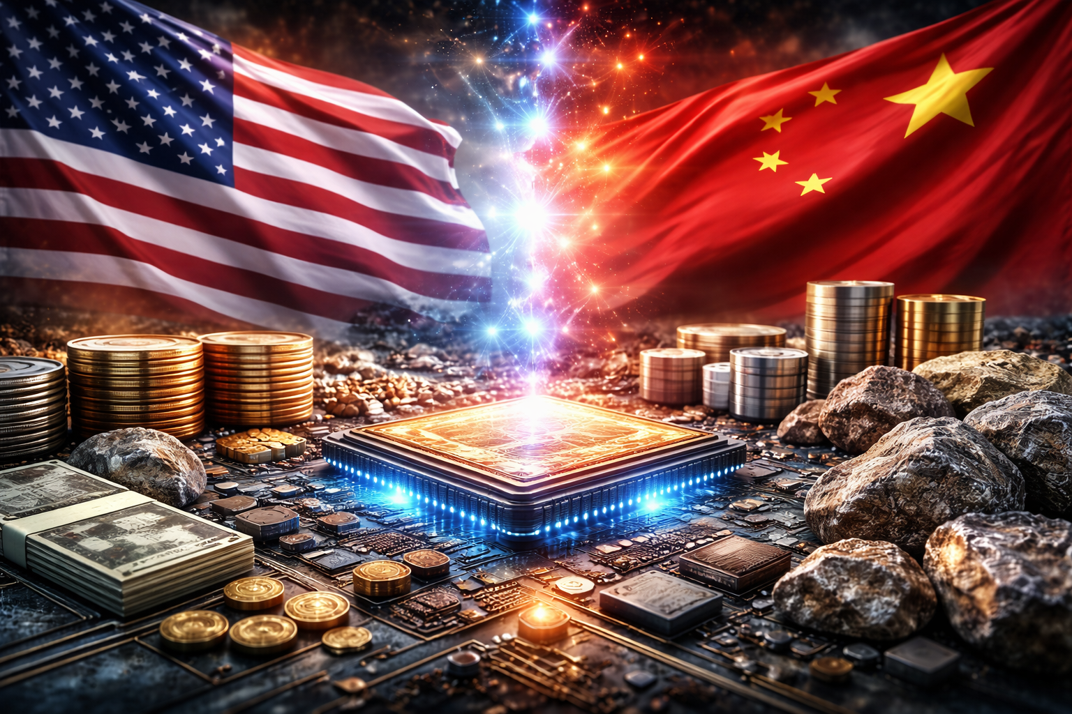 Photorealistic image of a glowing semiconductor chip surrounded by raw minerals and industrial materials, with U.S. and Chinese flags positioned on opposite sides, symbolizing geopolitical competition in technology and resources.