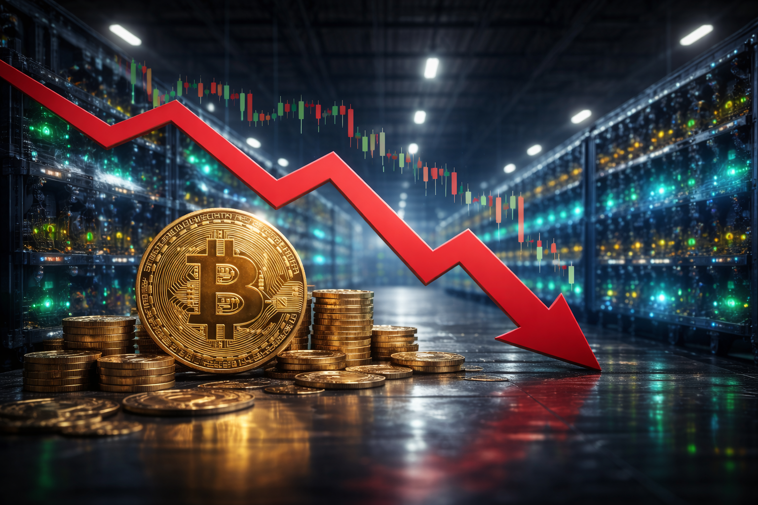 Photorealistic image of a large cryptocurrency mining facility with rows of illuminated servers, a physical Bitcoin in the foreground, and a downward-sloping market indicator symbolizing falling prices.