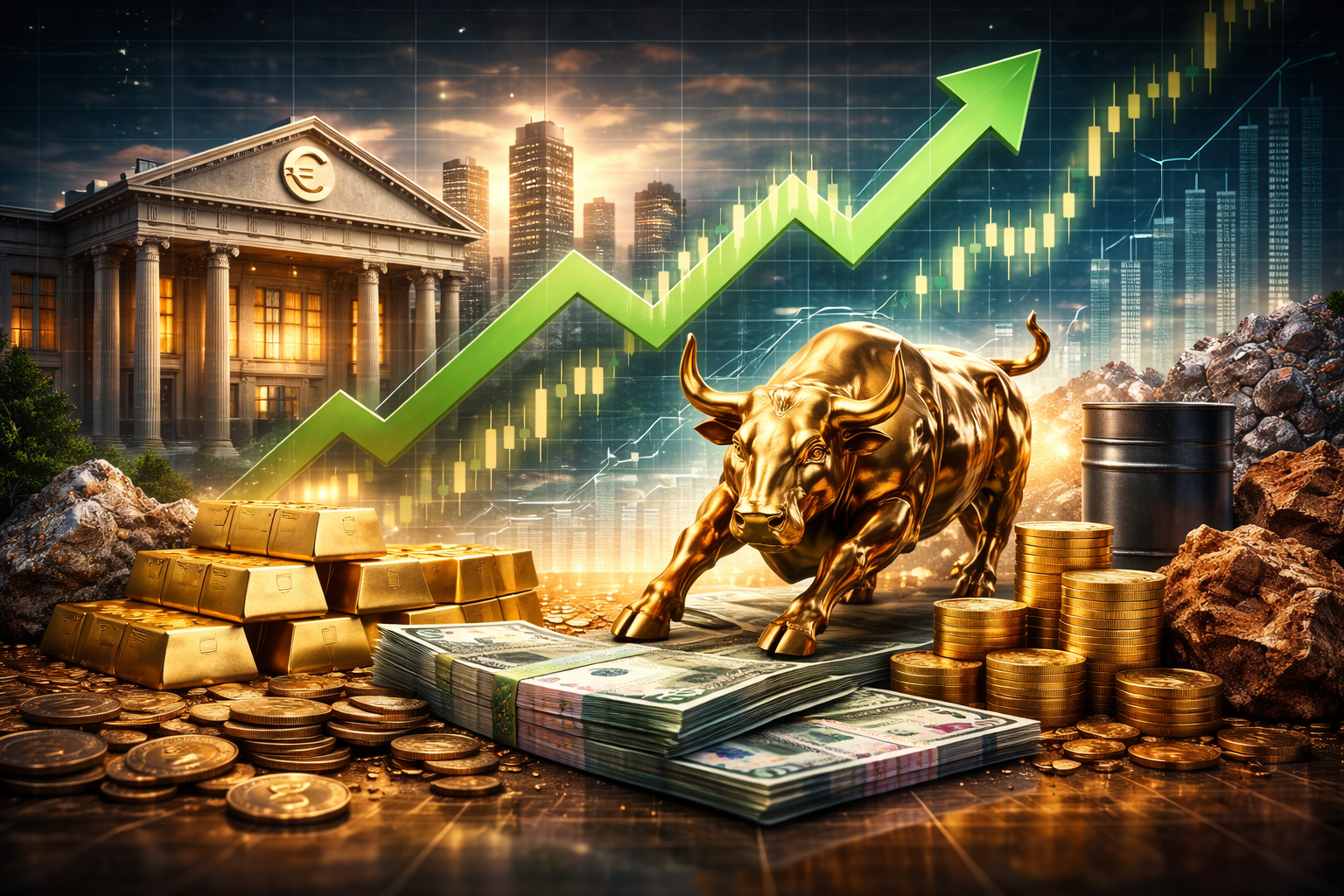 Photorealistic image showing a bullish market scene with commodities, financial symbolism, and a classical European bank building, representing rising European shares led by banks and resource stocks.