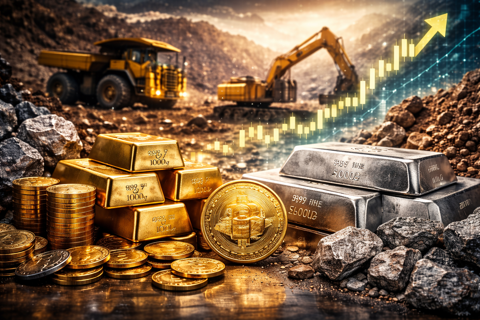 Photorealistic image of stacked gold bars and silver bullion in the foreground with heavy mining equipment operating at an open-pit mine in the background, symbolizing institutional investment in mining stocks.