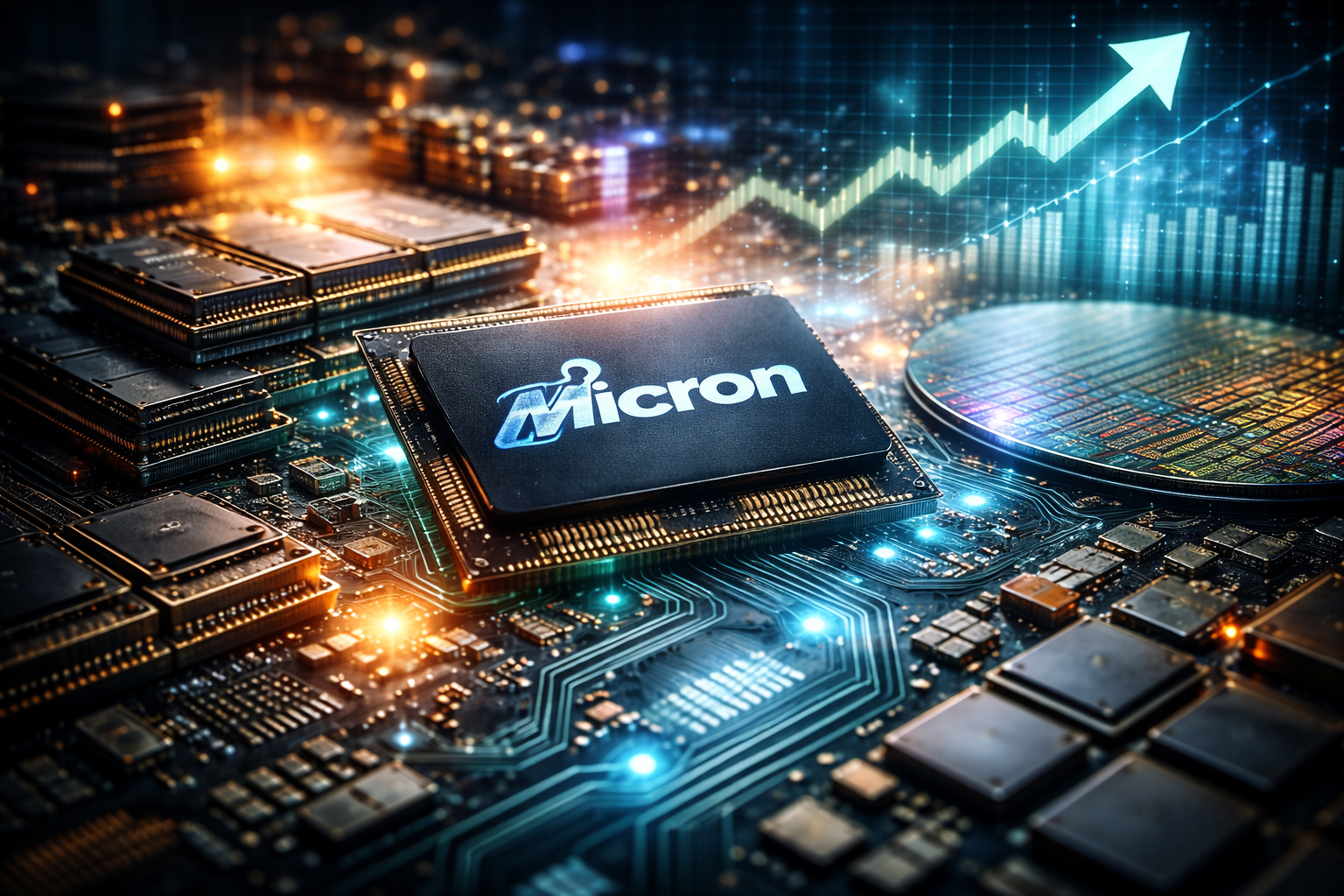 Photorealistic close-up of advanced semiconductor memory chips and silicon wafers on a circuit board, symbolizing rising demand for DRAM and NAND driven by AI and data centers.