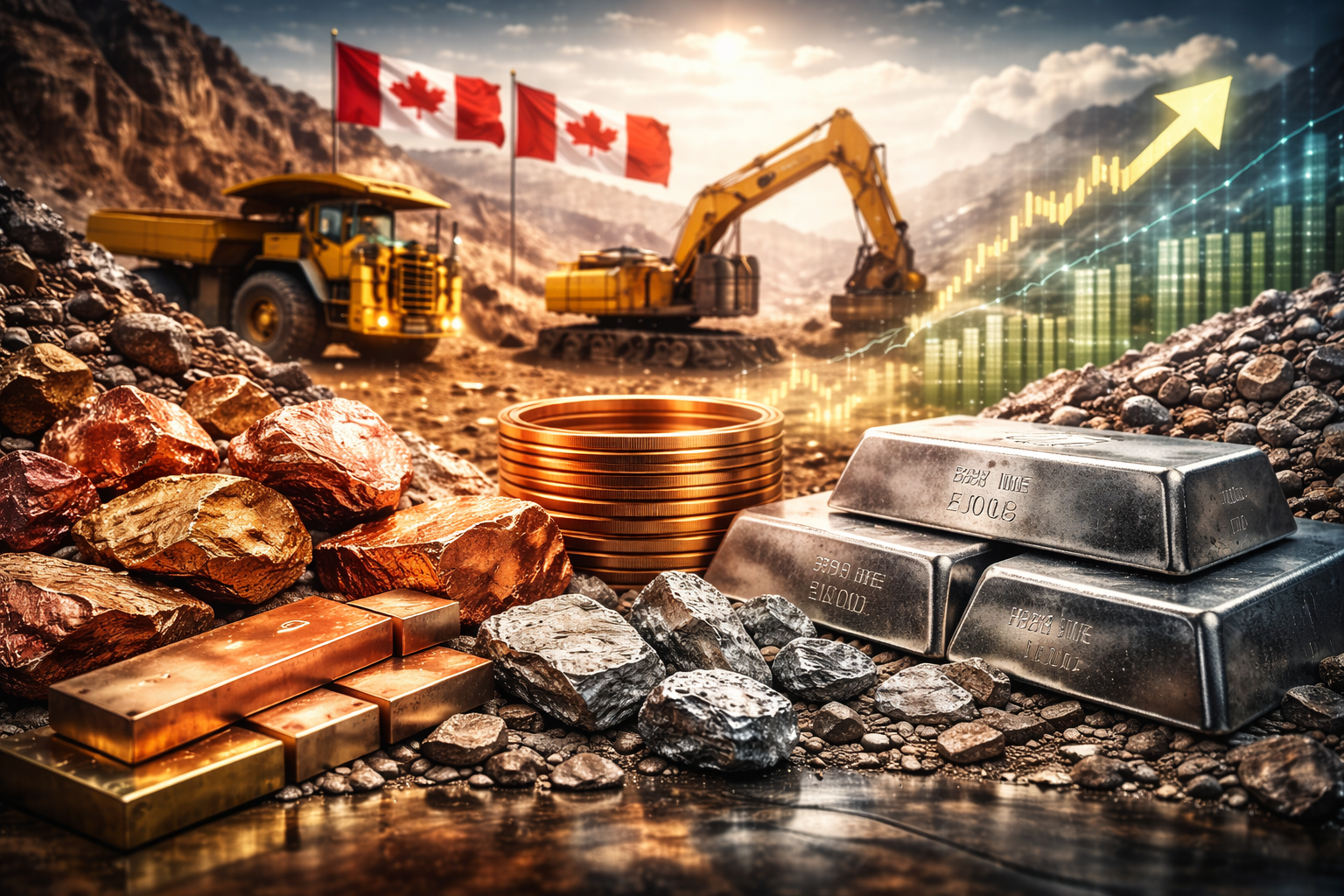 Photorealistic image of copper and nickel ore with refined metal bars in the foreground, heavy mining equipment operating in an open-pit mine, and Canadian flags in the background.