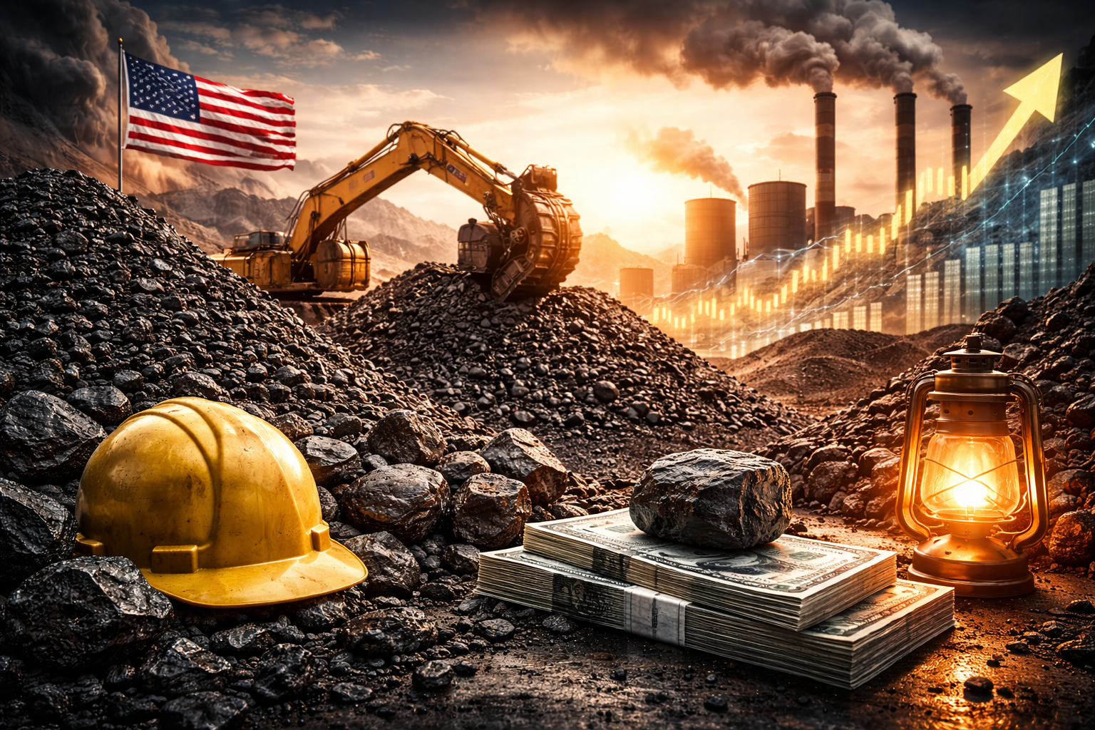 Photorealistic image of a coal mining site with piles of coal, heavy machinery, a coal-fired power plant in the background, and U.S. national elements, symbolizing renewed political and market focus on coal energy.