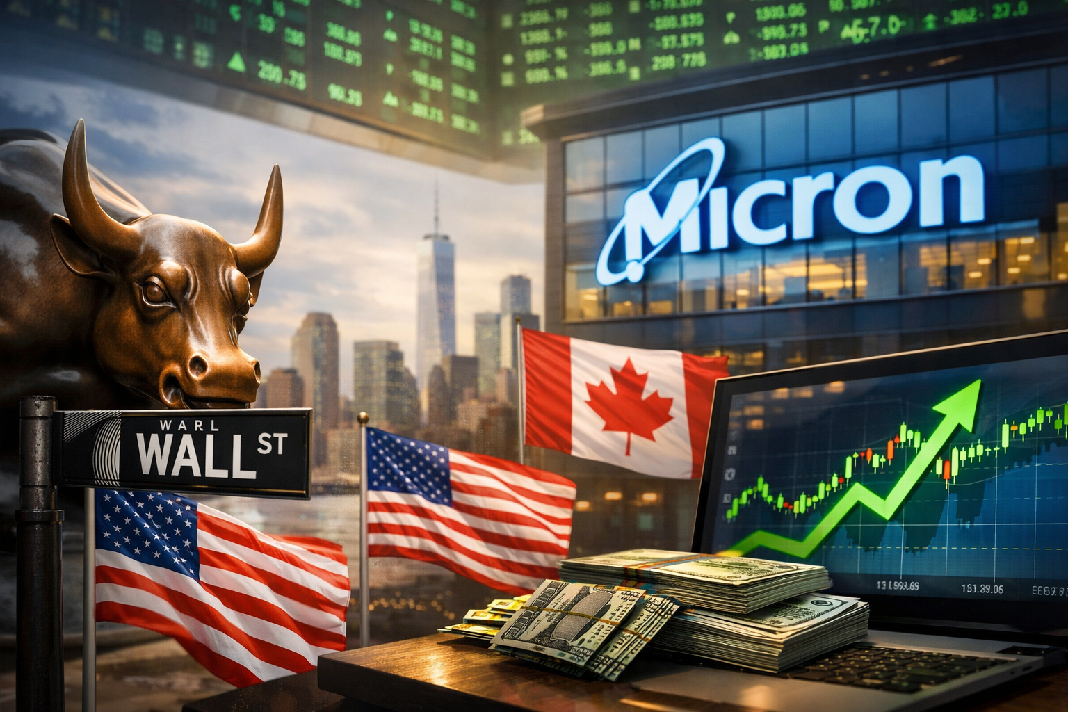 Photorealistic scene showing the Wall Street Charging Bull alongside U.S. and Canadian flags, a rising stock chart on a trading screen, and a semiconductor company office building, symbolizing renewed confidence in North American equity markets.