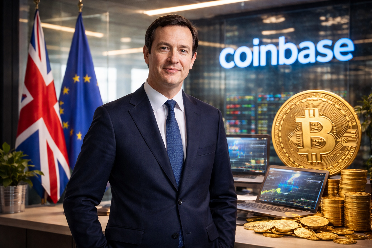 Photorealistic image of a senior statesman in a modern financial office setting, with UK and EU flags in the background, digital trading screens, and physical cryptocurrency symbols representing regulatory engagement in global crypto markets.