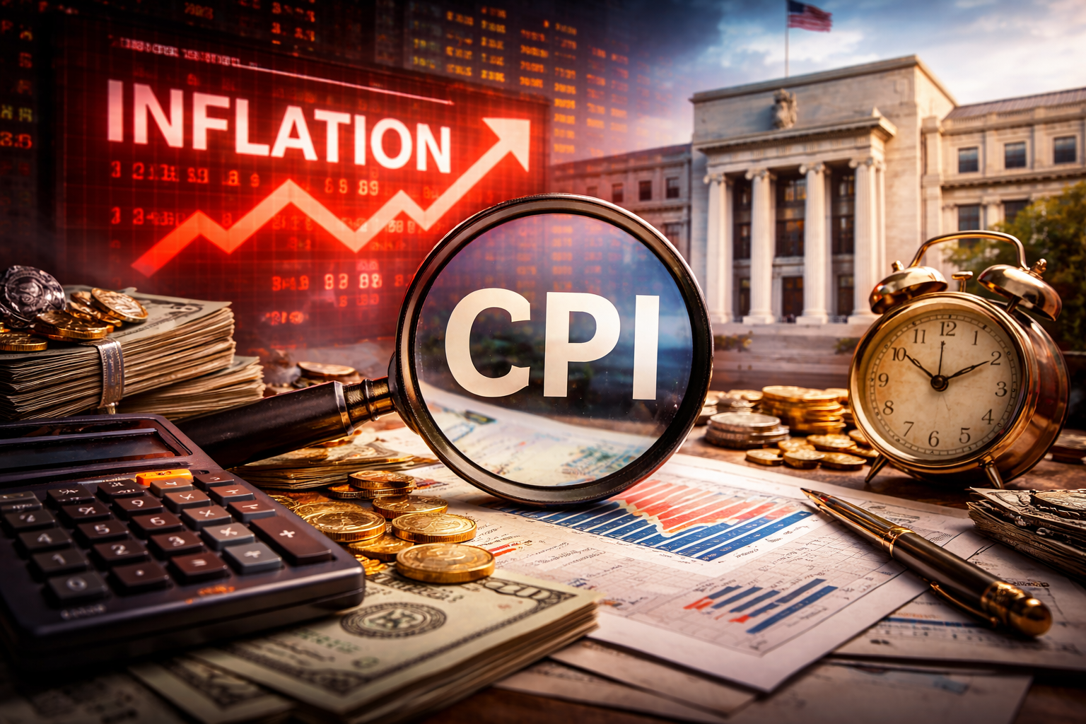 Photorealistic image of financial documents, currency stacks, coins, a calculator, and an alarm clock arranged on a desk, with a blurred U.S. central bank building in the background, symbolizing market focus on inflation and monetary policy.