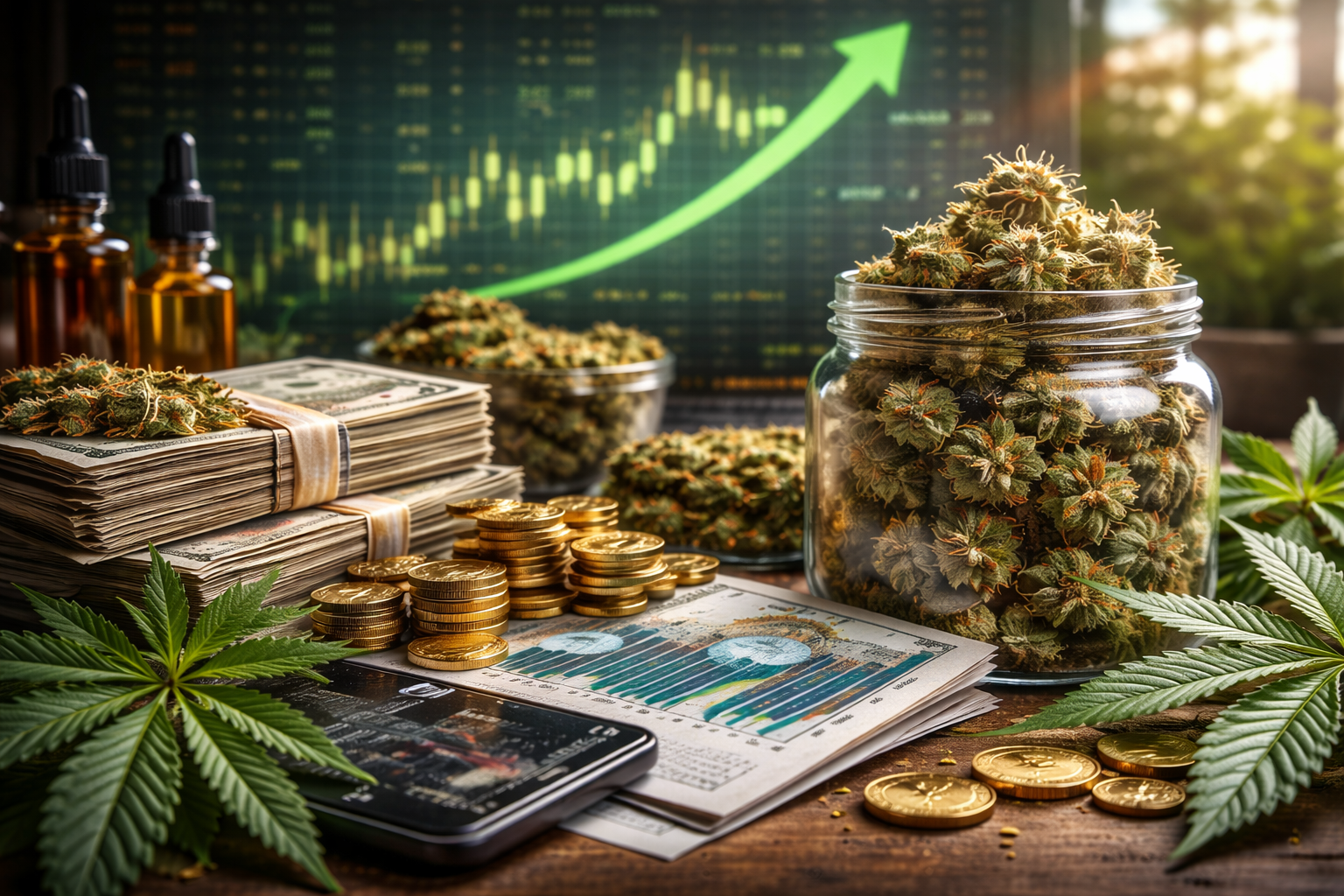 Photorealistic image of cannabis flower jars, leaves, stacked cash, gold coins, and financial charts on a desk, symbolizing investment activity and improving fundamentals in the U.S. cannabis sector.