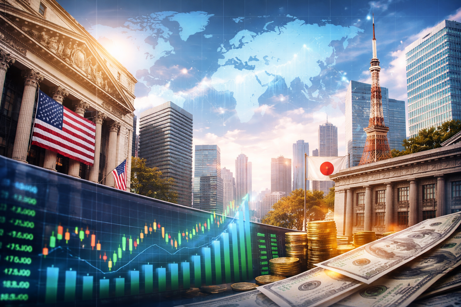 Photorealistic composite showing the New York Stock Exchange and Tokyo financial district with rising market charts, global data overlays, and currency elements symbolizing a global stock market rally.