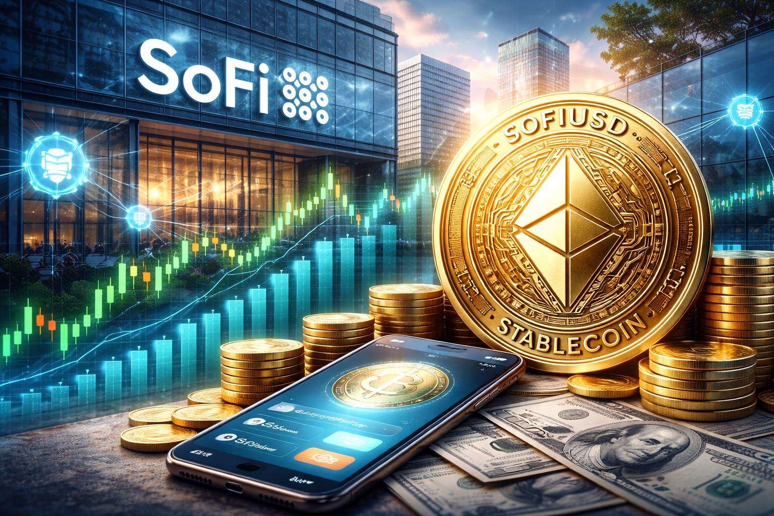 Photorealistic financial scene showing a modern fintech headquarters, digital asset imagery, stacked coins, U.S. currency, and an upward market chart symbolizing a stablecoin launch boosting investor sentiment.