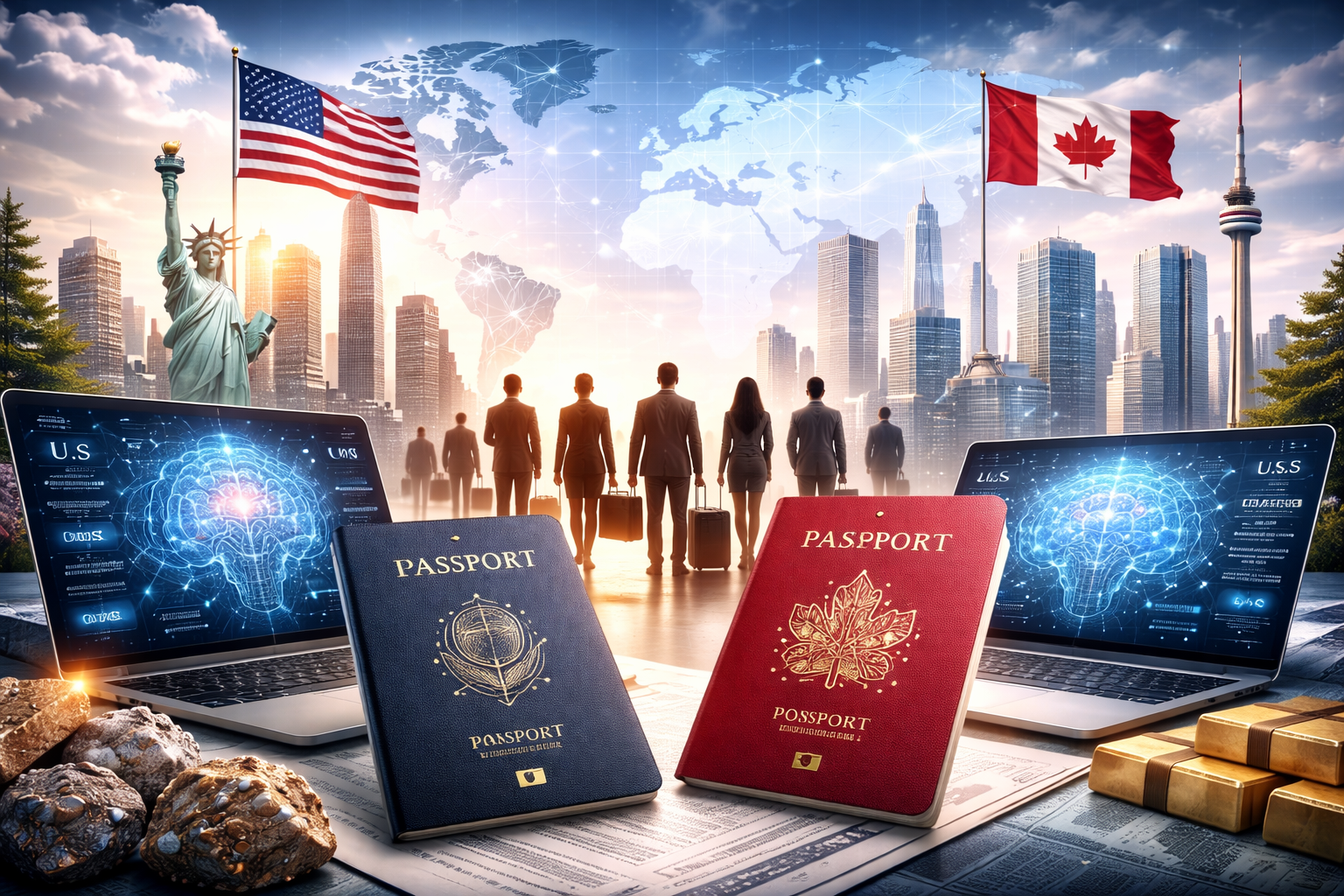 Photorealistic image showing U.S. and Canadian city skylines, national flags, passports, laptops with AI visuals, and professionals symbolizing competition to attract artificial intelligence talent.