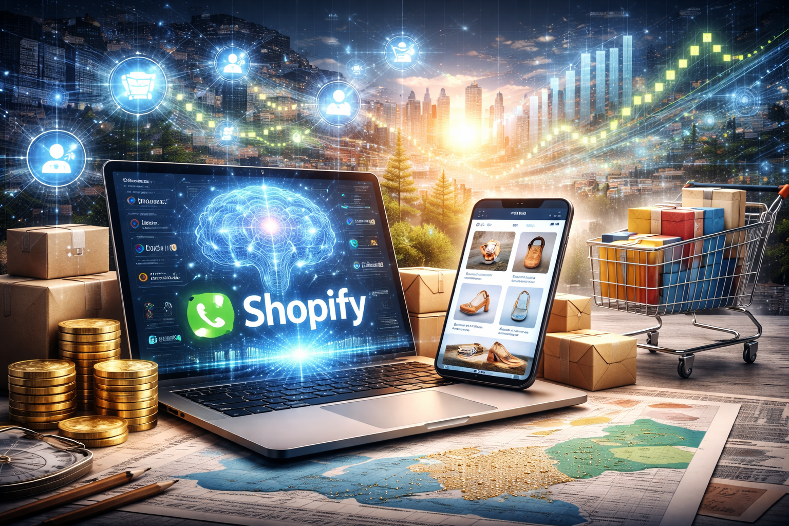 Photorealistic image of an e-commerce workspace with a laptop and smartphone displaying AI-powered shopping visuals, surrounded by packages, shopping carts, coins, and digital data elements symbolizing intelligent online commerce.