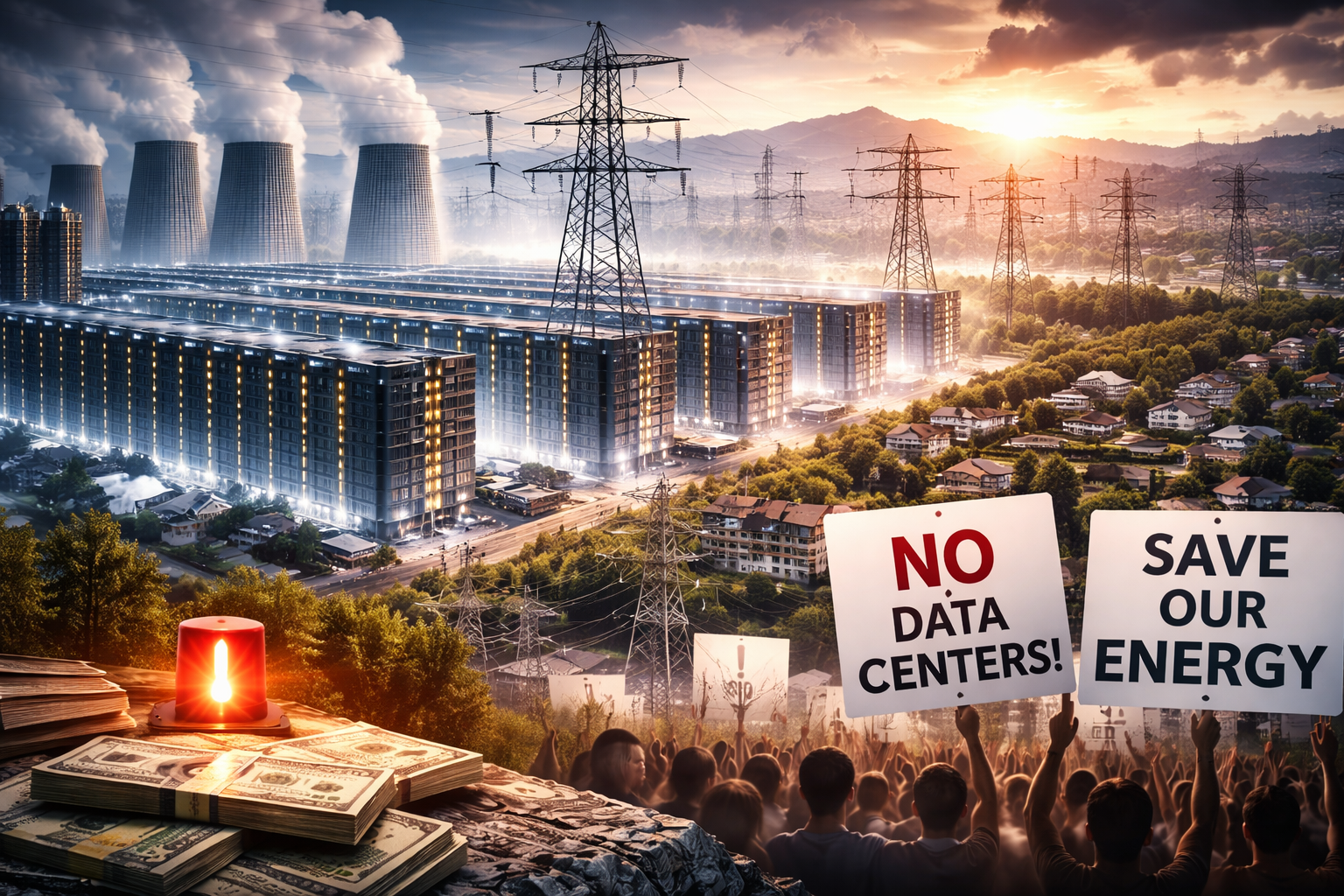 Photorealistic image of a massive data center complex connected to high-voltage power lines near residential neighborhoods, highlighting energy infrastructure strain and community opposition.