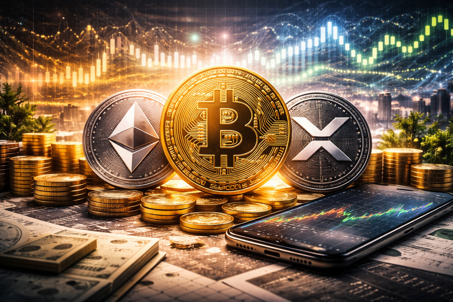 Photorealistic image showing Bitcoin, Ethereum, and XRP coins arranged in front of market charts and financial indicators, symbolizing cautious stability in crypto markets amid macroeconomic uncertainty.