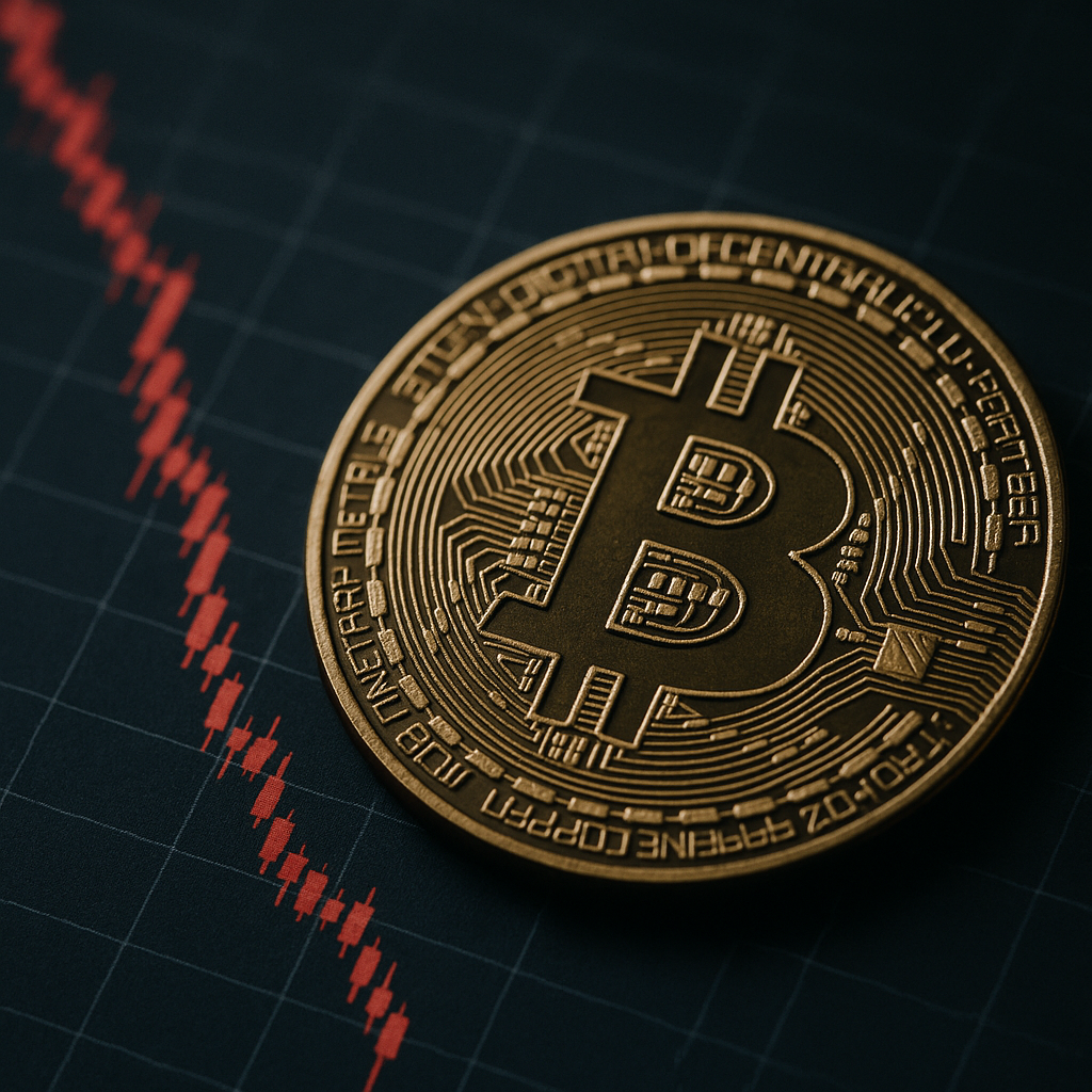 Photorealistic close-up of a Bitcoin coin lying on a financial chart showing a sharp red downward trend, symbolizing a significant market decline.