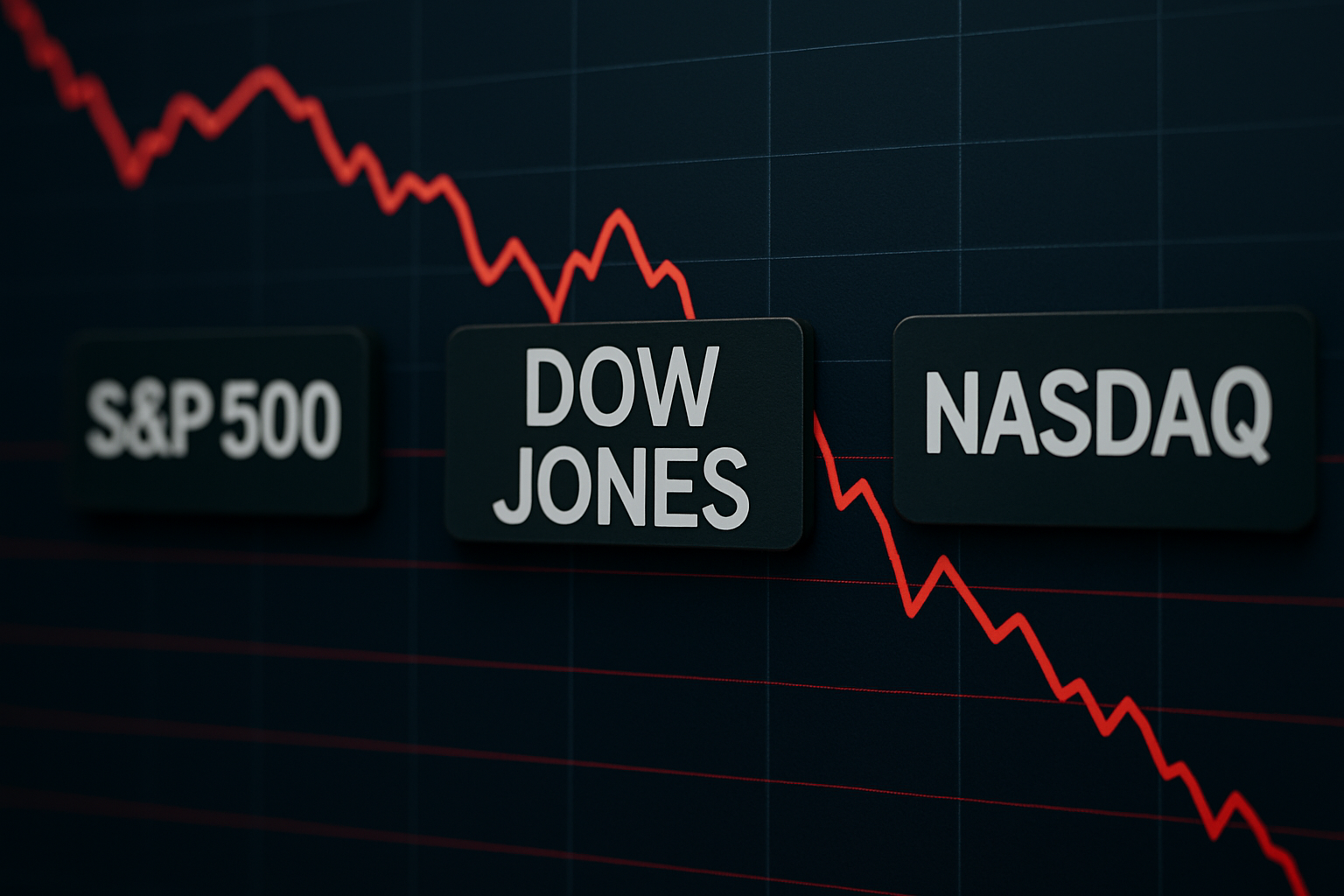 Photorealistic image of stock market charts showing a sharp red downward trend across multiple major U.S. indices, symbolizing weakening investor sentiment and rising risk aversion.