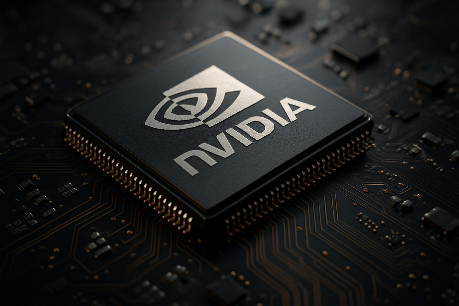 Photorealistic close-up of an Nvidia semiconductor chip on a dark circuit board, with metallic detailing and surrounding micro-components symbolizing the AI hardware ecosystem.