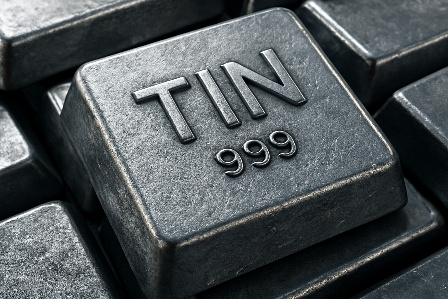 Photorealistic close-up of raw tin mineral pieces and metallic tin ingots arranged on a dark surface with subtle directional lighting, symbolizing tightening global tin supply and rising prices.