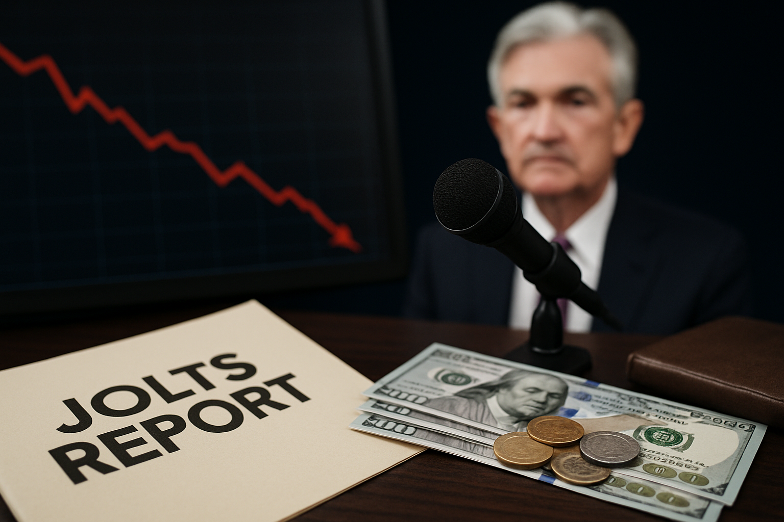 Photorealistic scene showing economic elements including a microphone, currency, coins, a downward-trending financial chart, and a blurred figure resembling a policymaker in the background, symbolizing impactful U.S. macro events.