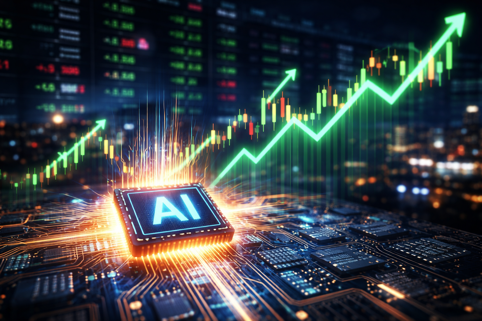 Photorealistic image of a glowing artificial intelligence semiconductor chip on a circuit board with rising stock market charts in the background, symbolizing AI-driven gains in global equity markets.