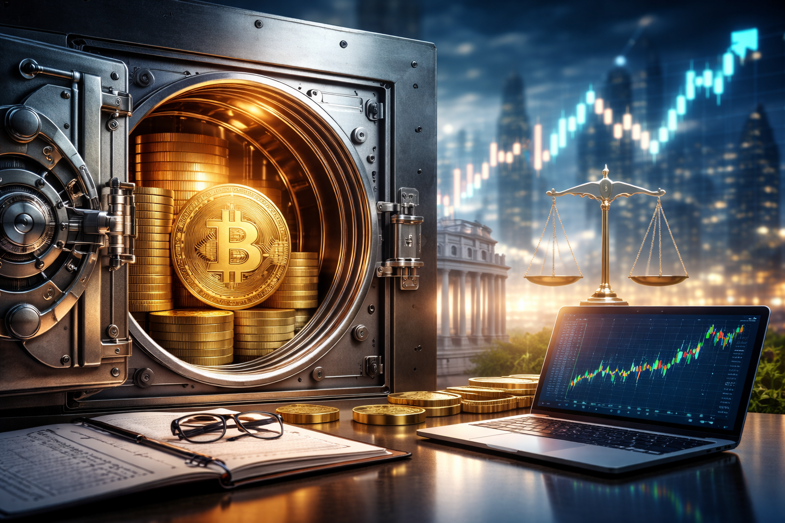 Photorealistic image of a secure vault holding stacked gold coins and a Bitcoin, with a laptop displaying market charts and a balance scale symbolizing regulation and institutional oversight.