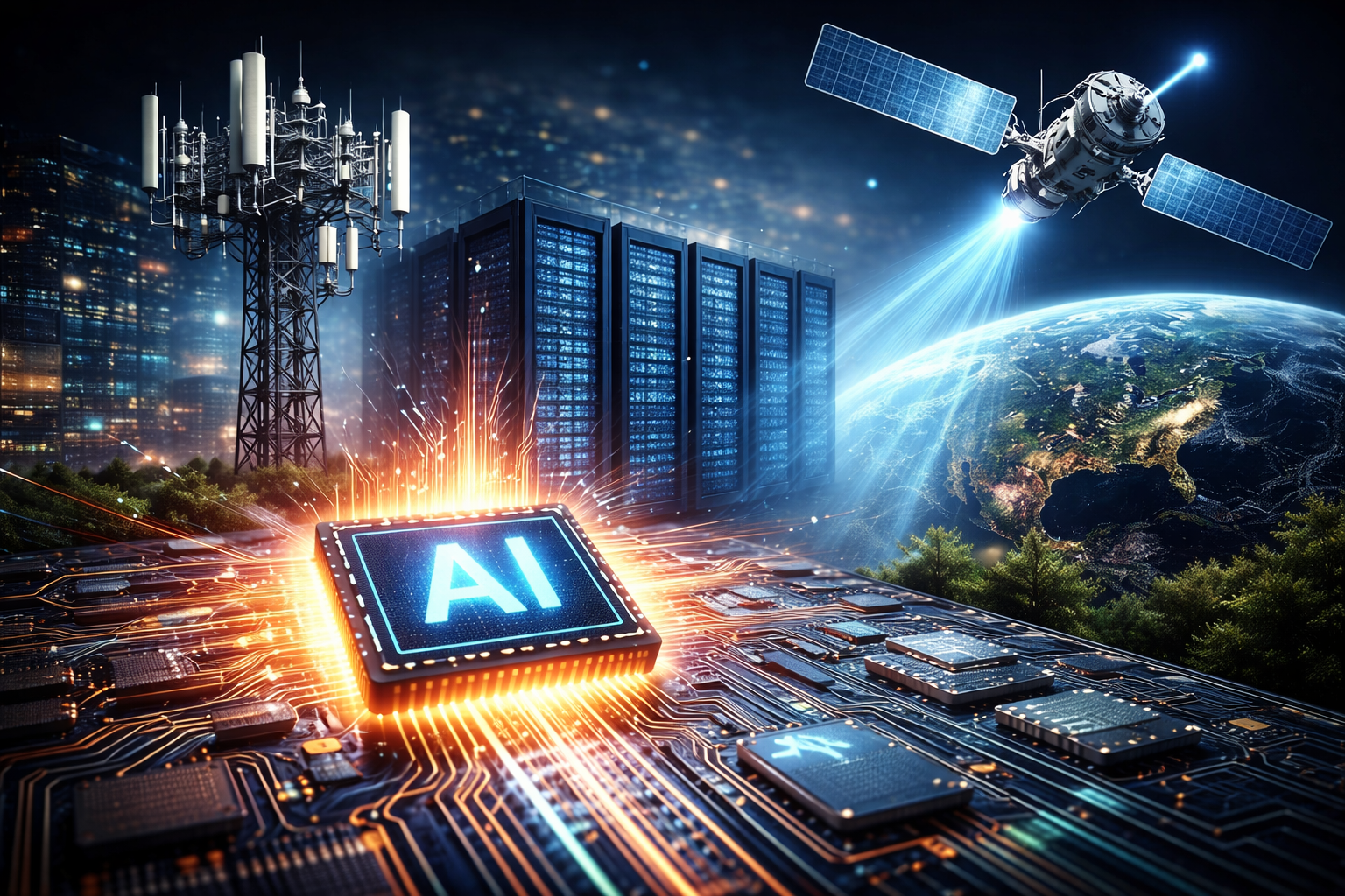 Photorealistic scene showing an AI processor on a circuit board connected to a data center, telecom tower, and orbiting satellite above Earth, representing the broader AI investment ecosystem beyond semiconductors.