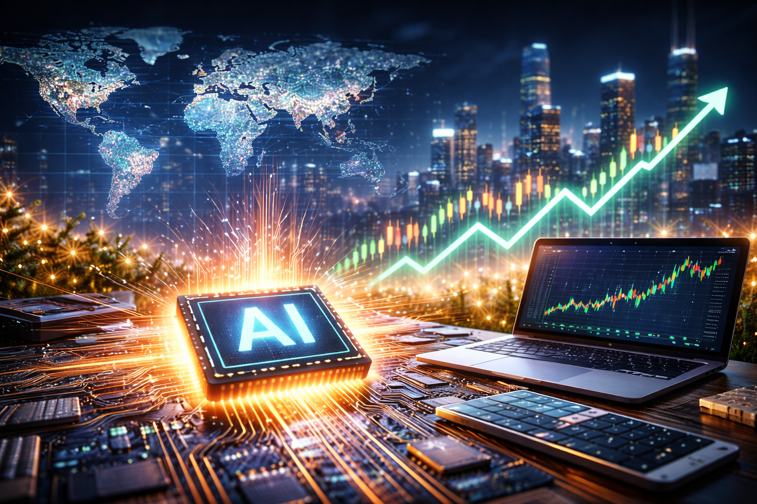 Photorealistic image of a glowing AI semiconductor chip on a circuit board with a laptop showing rising stock charts, a digital world map, and a city skyline in the background, symbolizing a global tech-led market rebound.