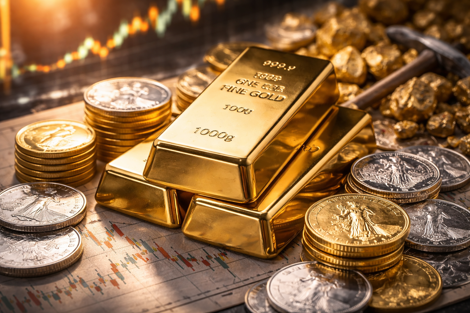 Photorealistic close-up of stacked gold bars and silver coins on a financial chart, symbolizing rising precious metal prices amid market uncertainty.