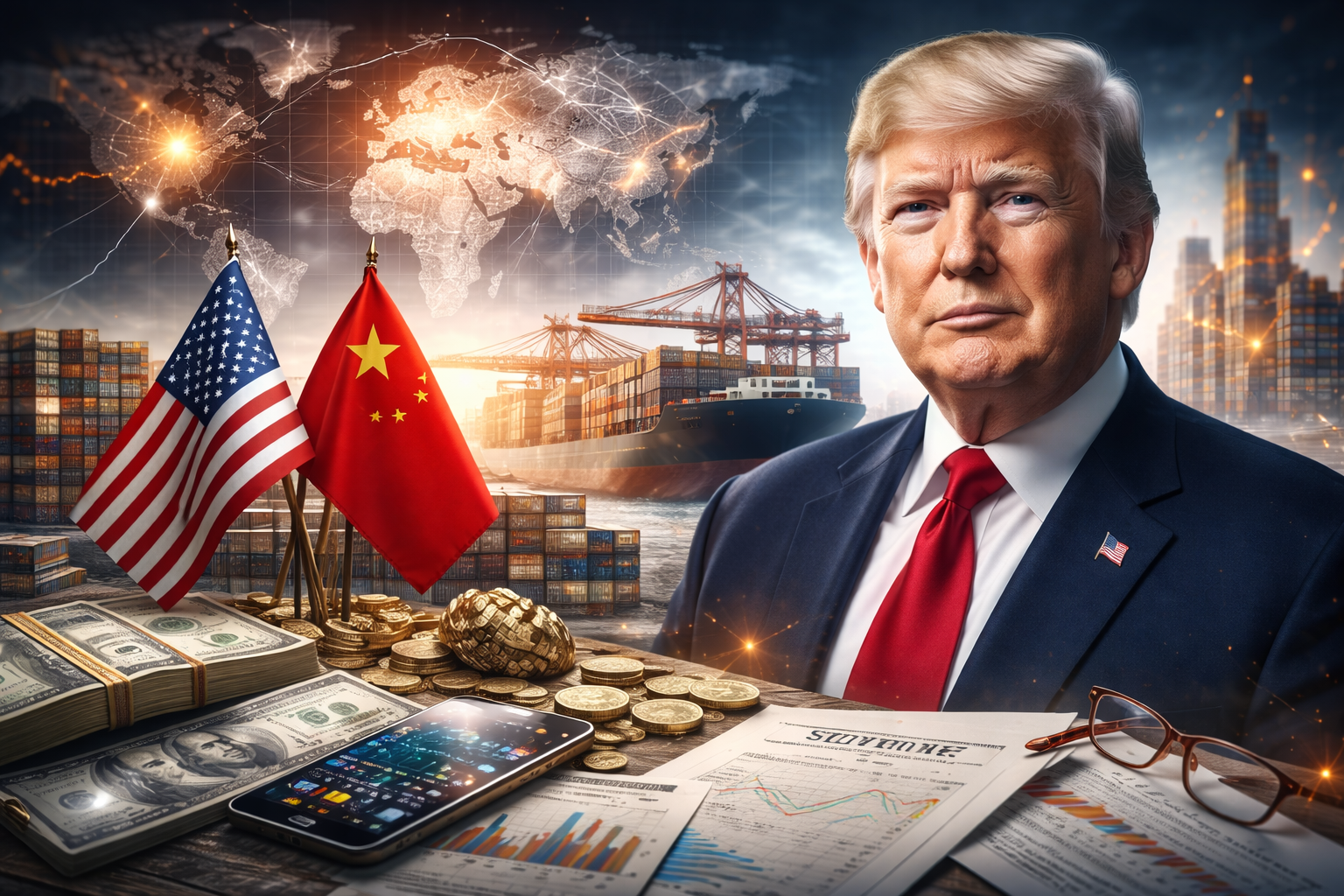 Photorealistic image of former U.S. President Donald Trump in a business setting with shipping containers, U.S. and Chinese flags, and financial market visuals symbolizing global trade and policy-driven market risk.
