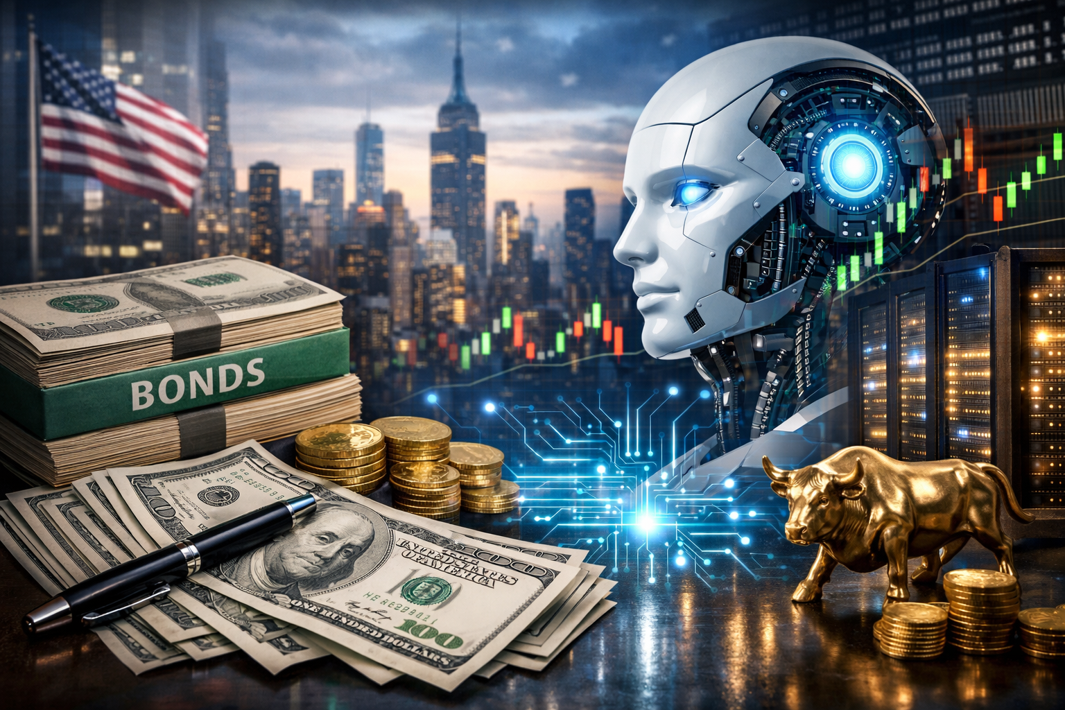 Photorealistic scene showing stacks of U.S. dollar bills, gold coins, and a labeled bond stack in the foreground, with a futuristic AI humanoid profile, glowing data center elements, and the New York City skyline in the background.