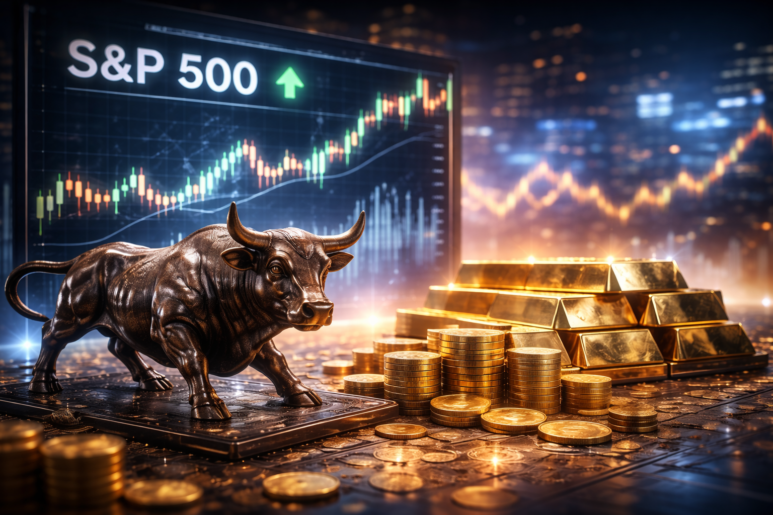 Photorealistic image of a bronze bull statue beside stacks of gold bars and coins, with financial charts glowing in the background in a city-lit trading environment.