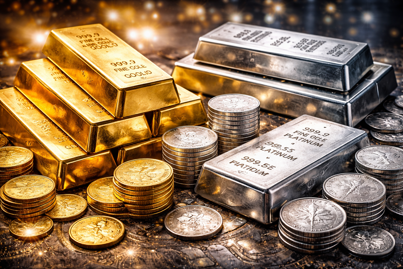 Photorealistic image of gold, silver, and platinum bars and coins arranged together under dramatic lighting, emphasizing their distinct metallic textures and shine.