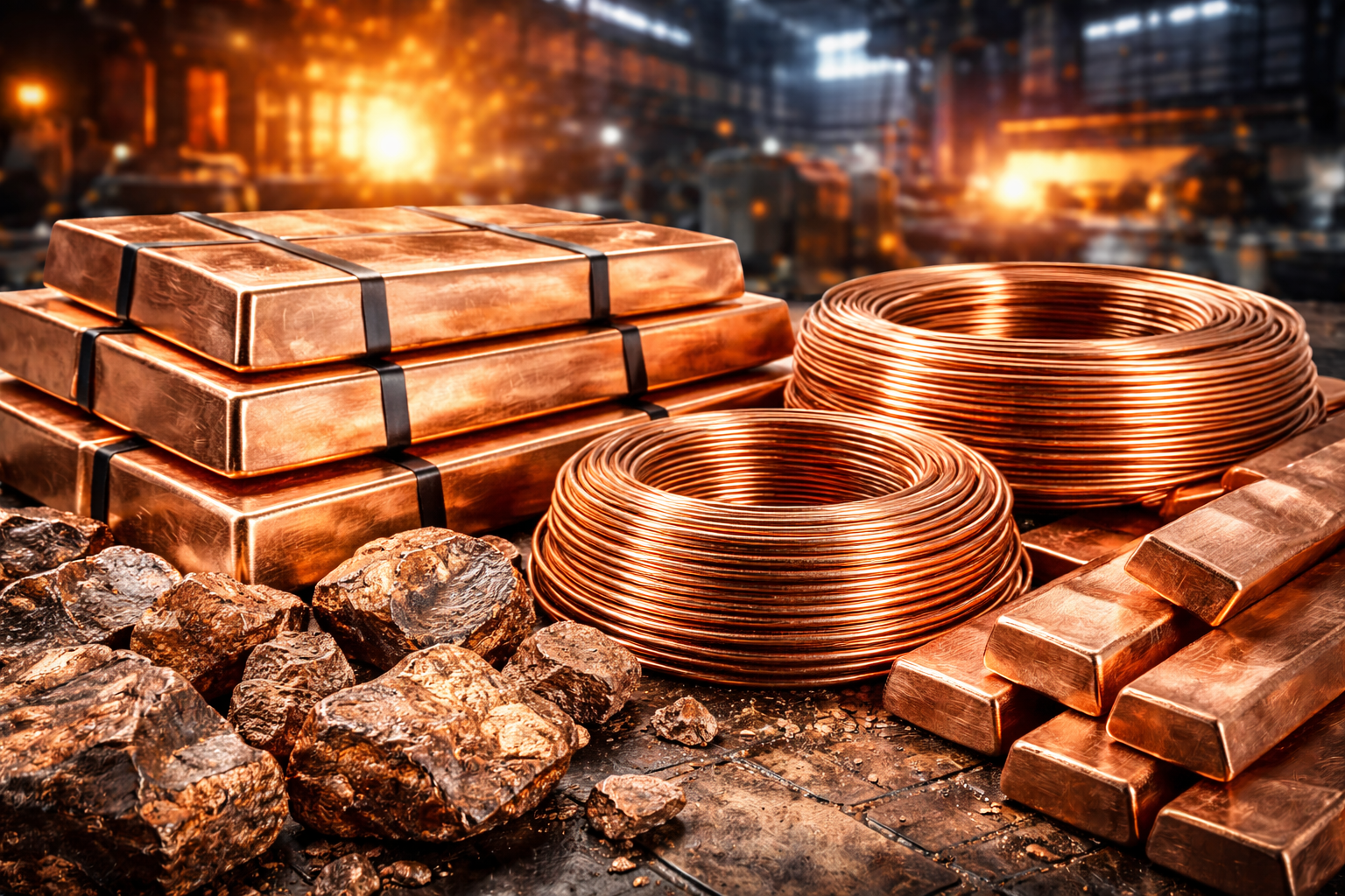 Photorealistic image of stacked copper ingots, coiled copper wire, and raw copper ore inside a glowing industrial foundry.