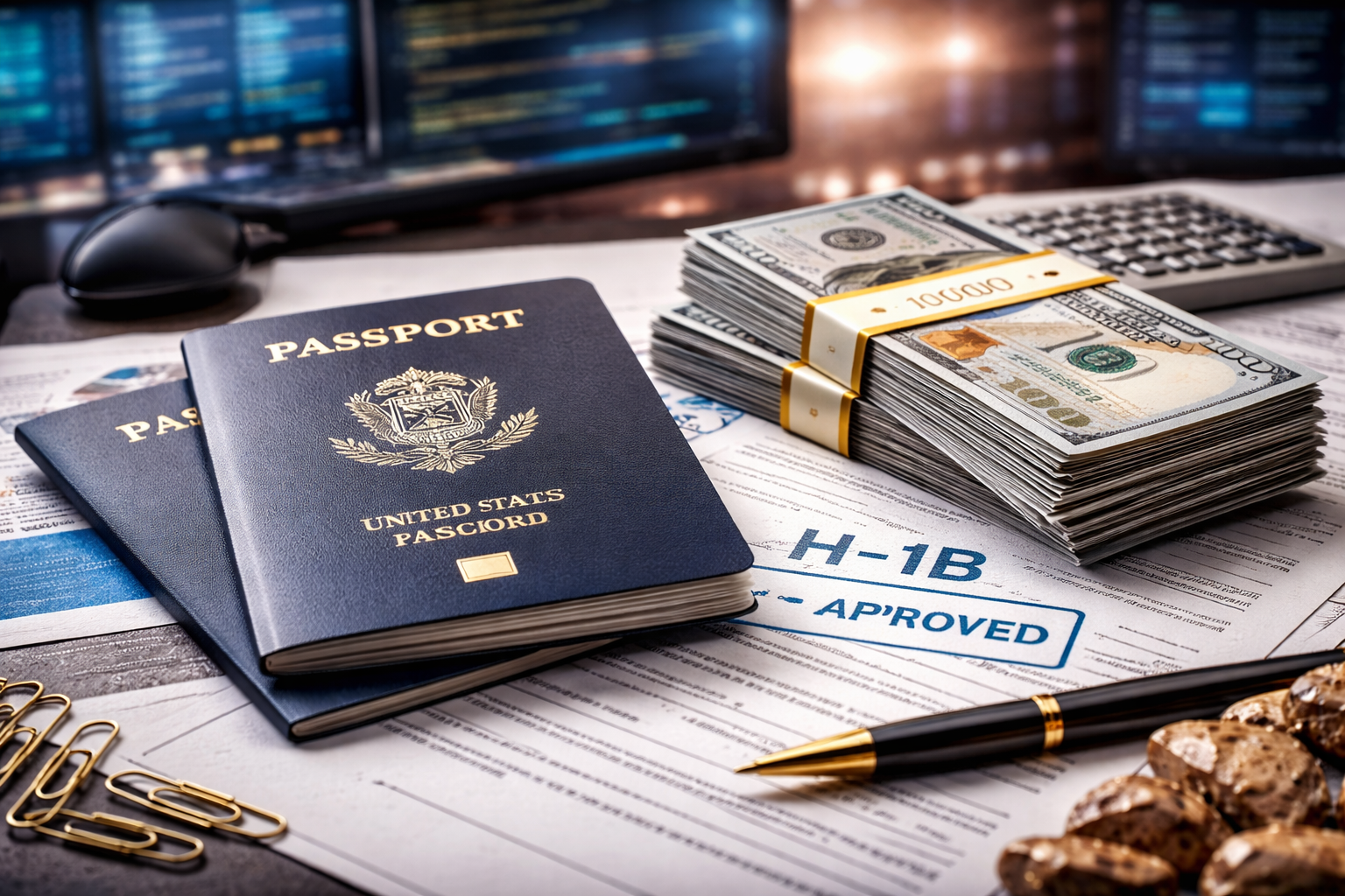 Photorealistic image of U.S. passports placed on official immigration documents beside a large stack of U.S. currency on a desk, with blurred computer screens in a technology office setting.