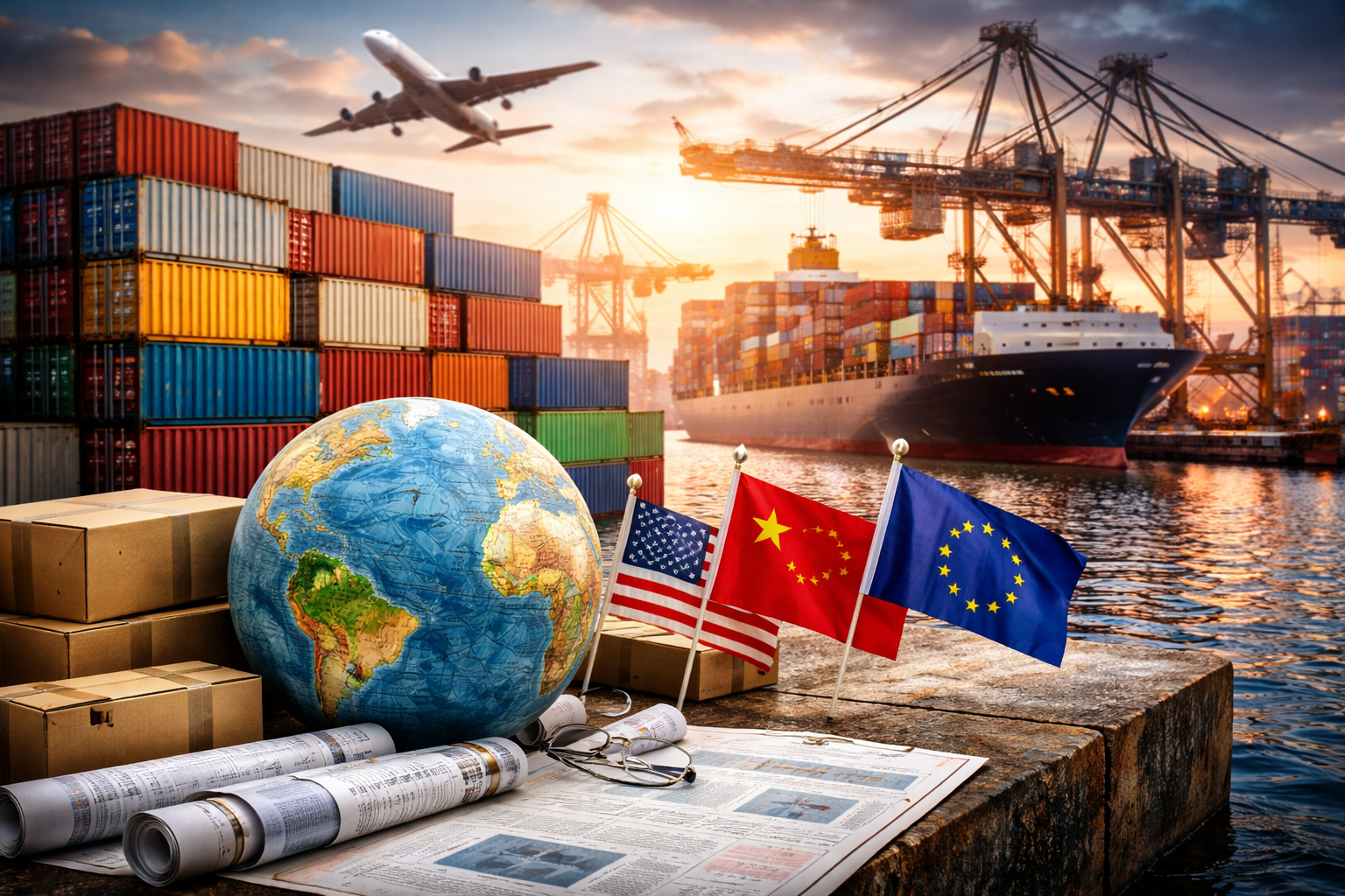 Photorealistic image of cargo containers stacked at a busy international port under cloudy skies, with cranes, ships, and global shipping infrastructure visible in the background.