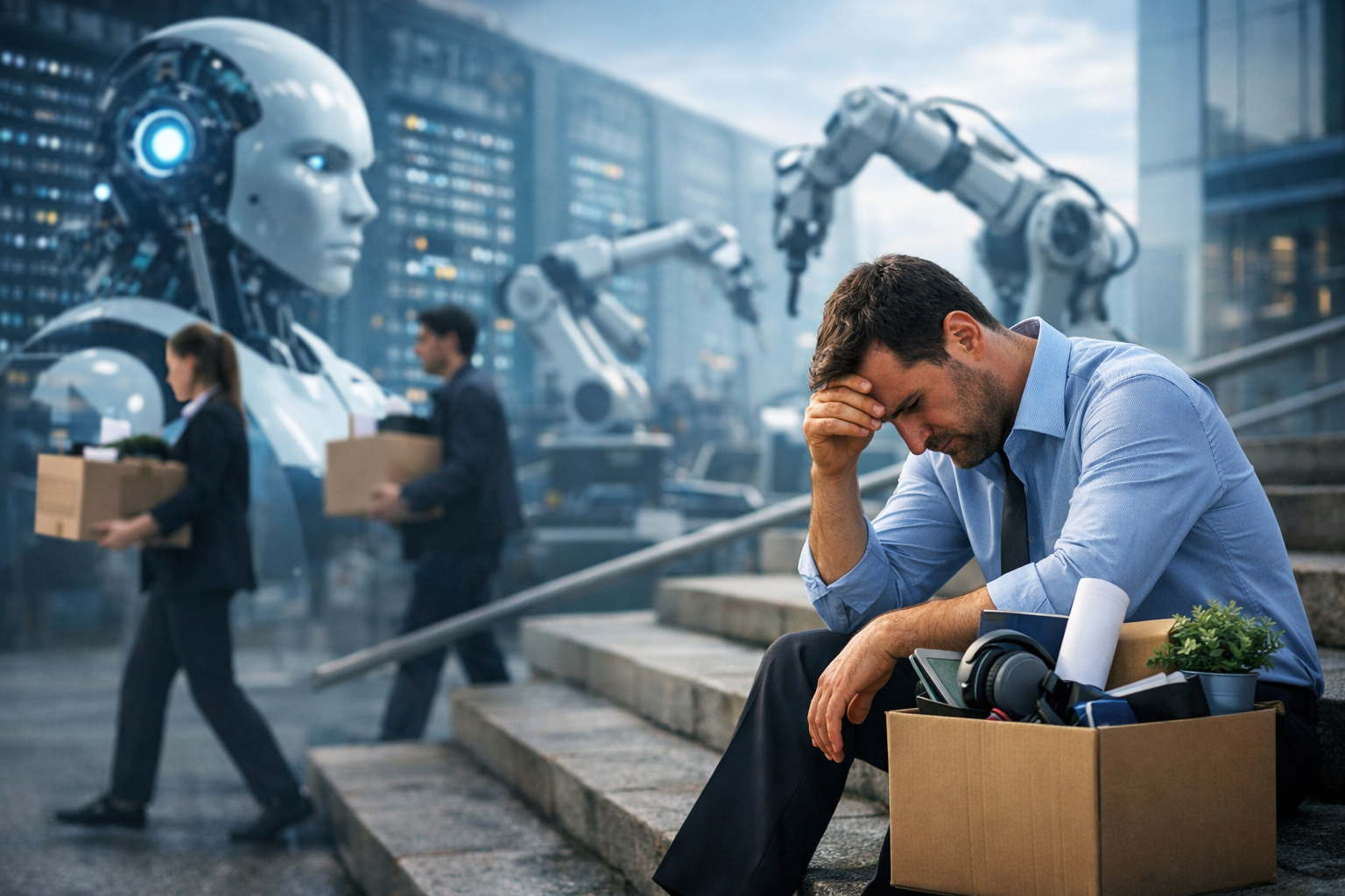 A laid-off tech worker sits on outdoor steps holding a cardboard box of personal items while large robotic arms and AI machinery loom in the background.