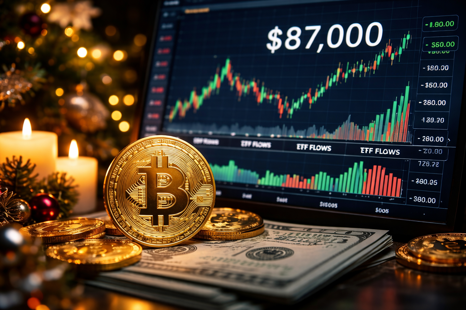 A physical Bitcoin coin rests on U.S. dollar bills in front of a trading screen showing fluctuating price charts during the holiday season.